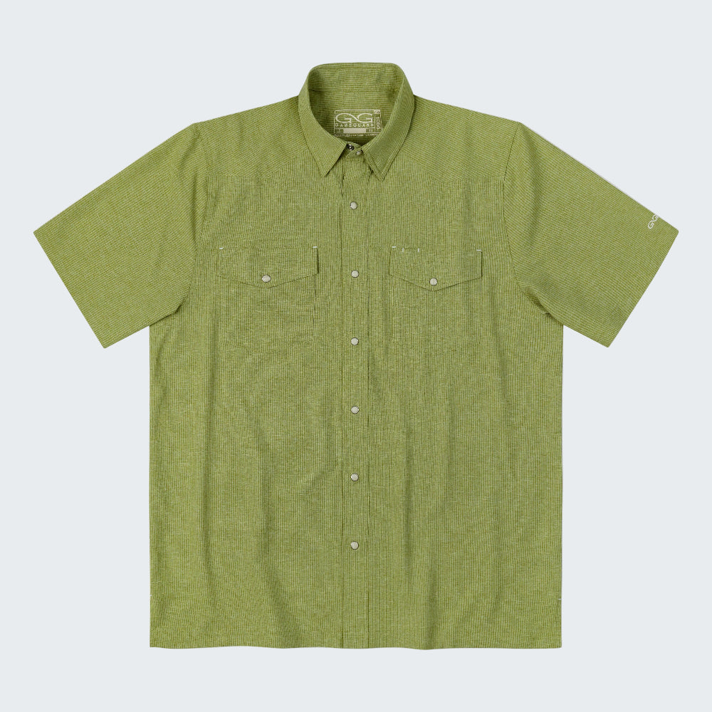 A short-sleeve button-up shirt in a heathered olive green color, featuring two buttoned chest pockets and a classic collar, shown flat against a white background.