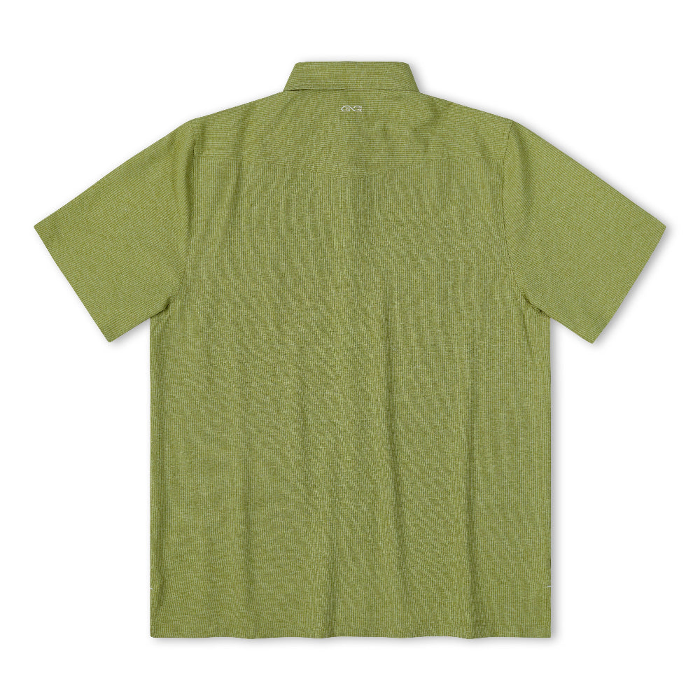 A short-sleeve polo shirt in a heathered olive green color, shown from the back against a plain white background.
