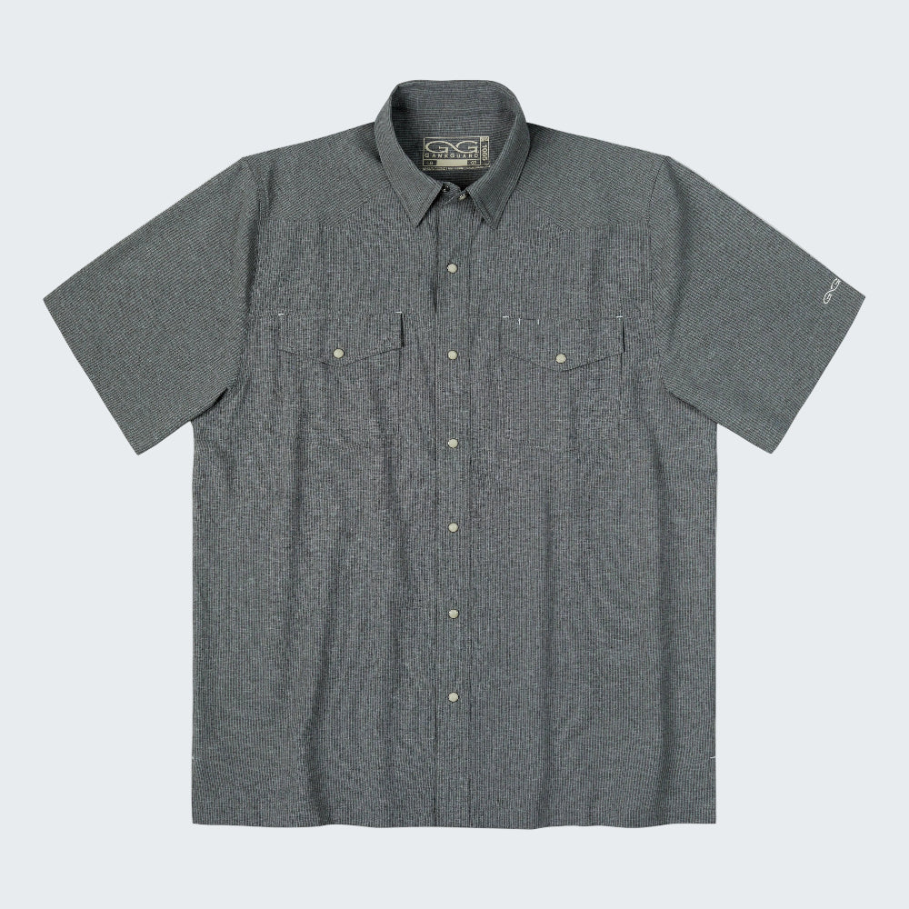 A dark gray short-sleeve button-up shirt with two chest pockets, laid flat against a white background.