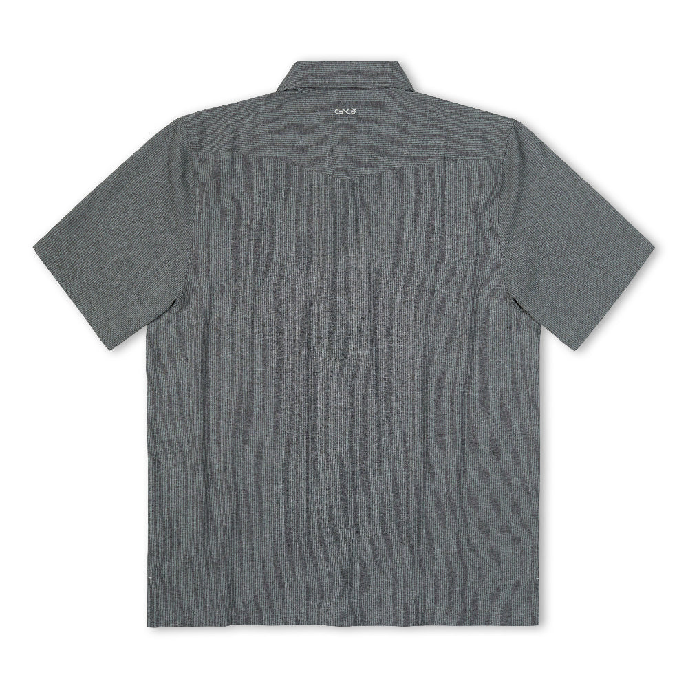 A dark gray short-sleeve polo shirt shown from the back, laid flat against a white background.