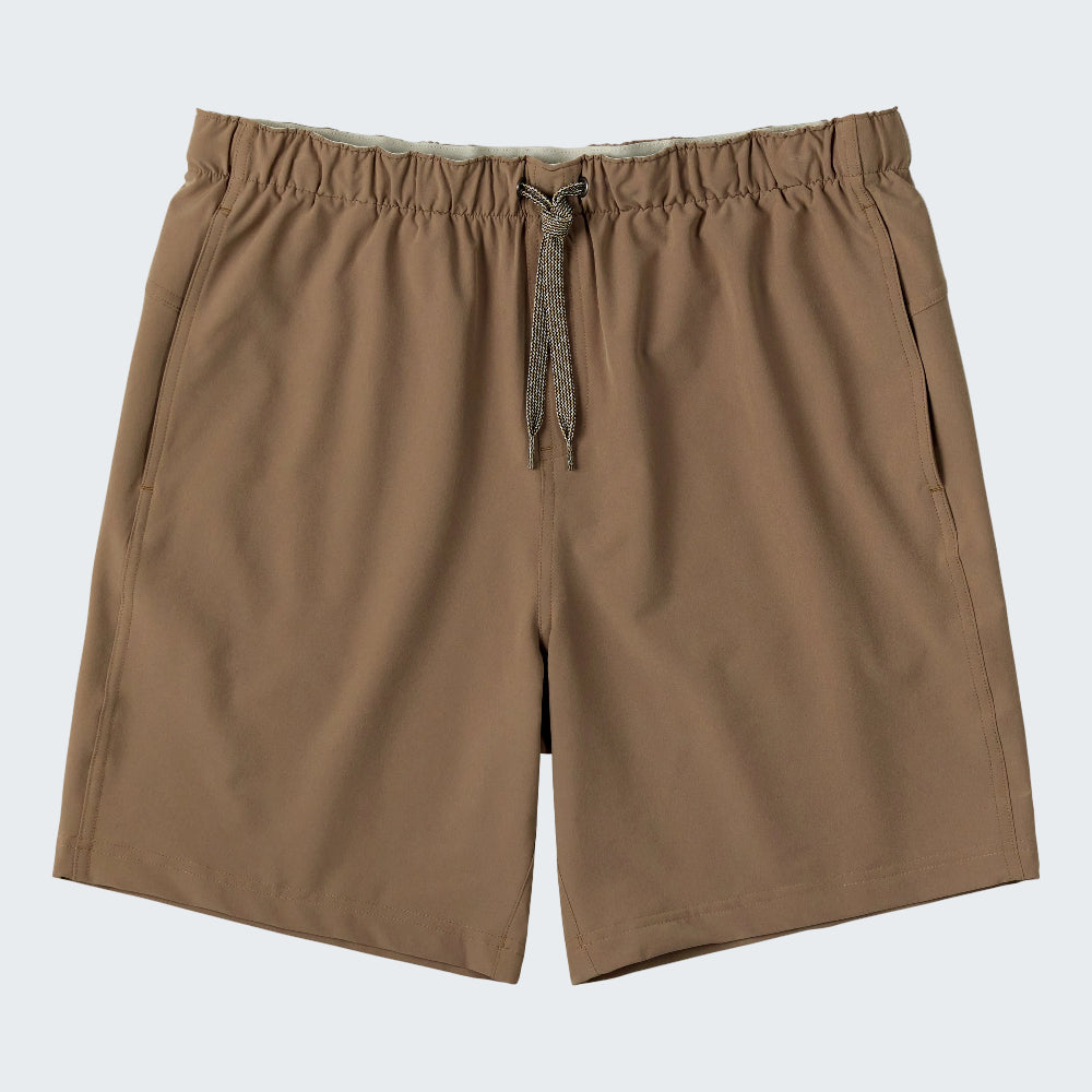 A pair of men's casual shorts in a warm brownish-tan color, featuring an elastic waistband and a patterned drawstring, laid flat against a white background.