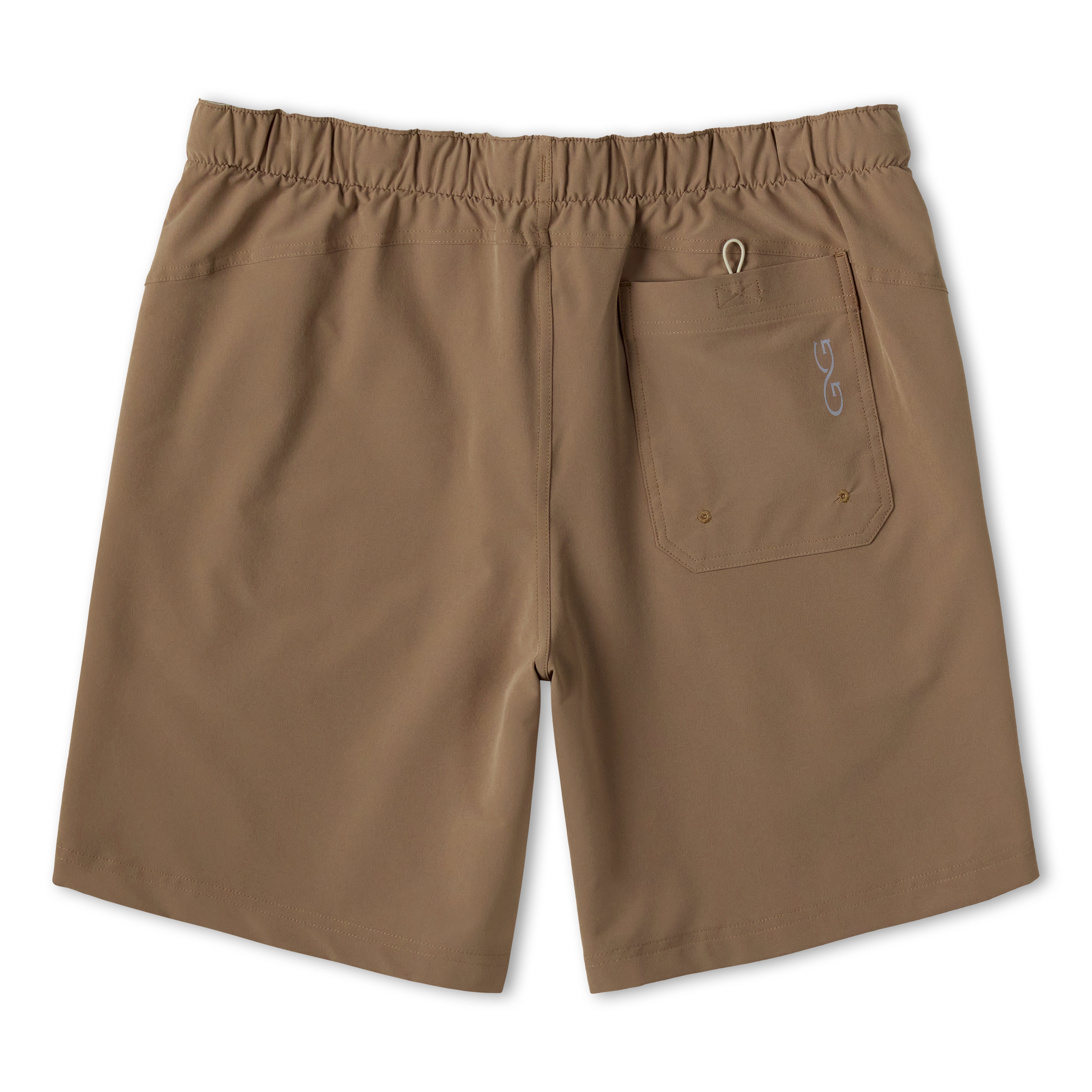 A pair of brown elastic-waist shorts with a side pocket, shown from the back on a white background.