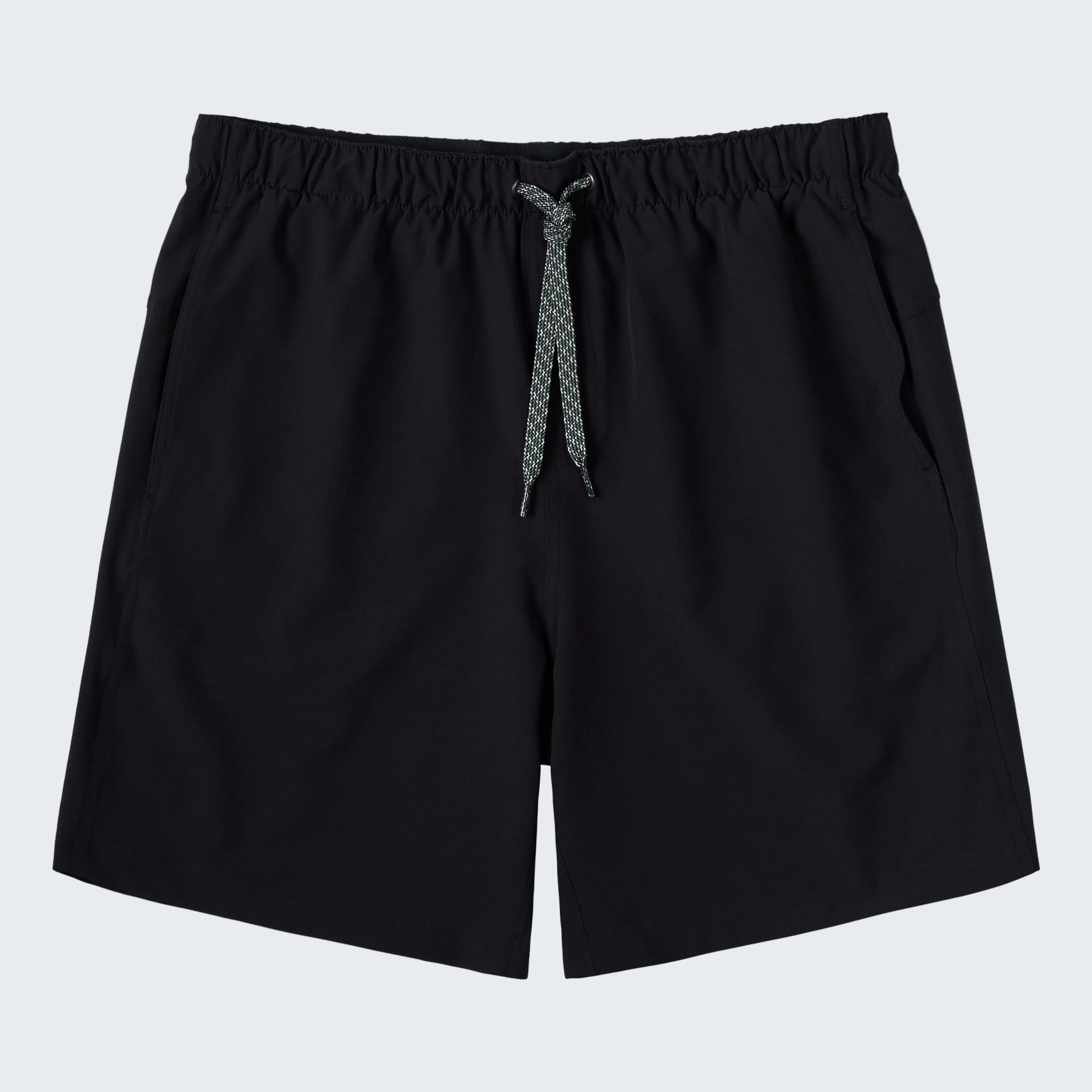 Black athletic shorts with an elastic waistband and a dark gray patterned drawstring, shown flat on a white background.
