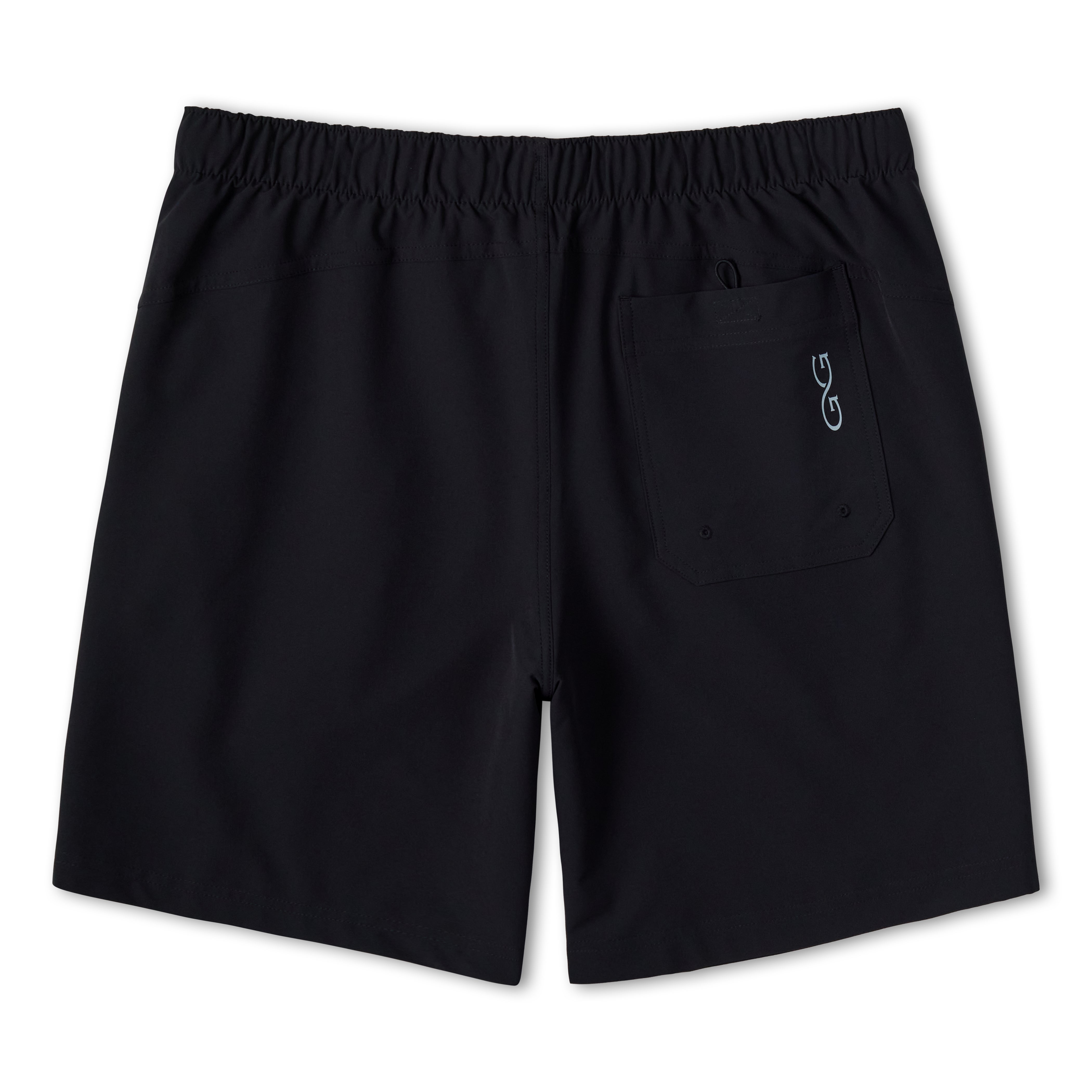 Black athletic shorts with an elastic waistband and a small white zipper pull detail on the left leg, shown against a plain white background.
