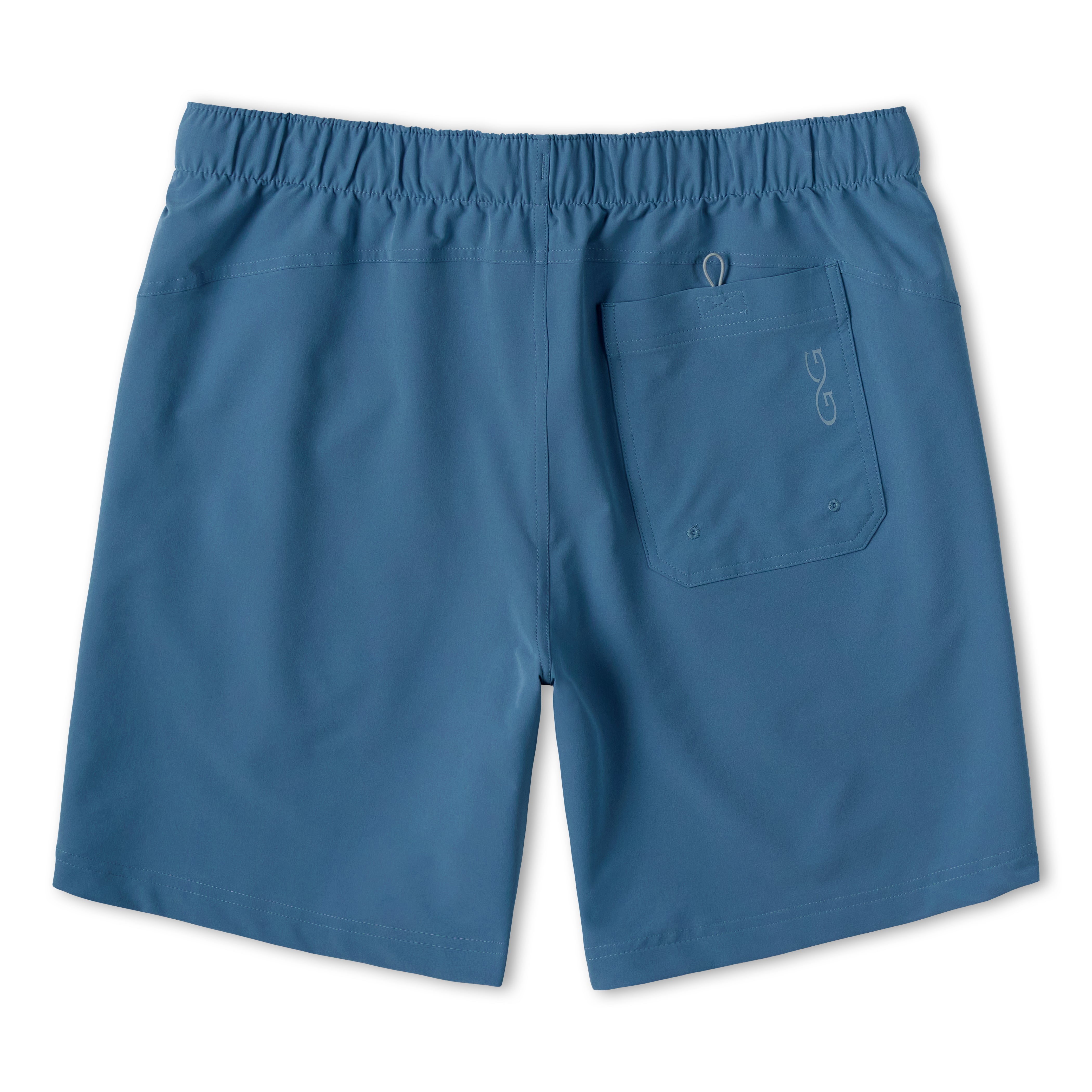 Blue athletic shorts with an elastic waistband and a side pocket, shown from the back on a white background.