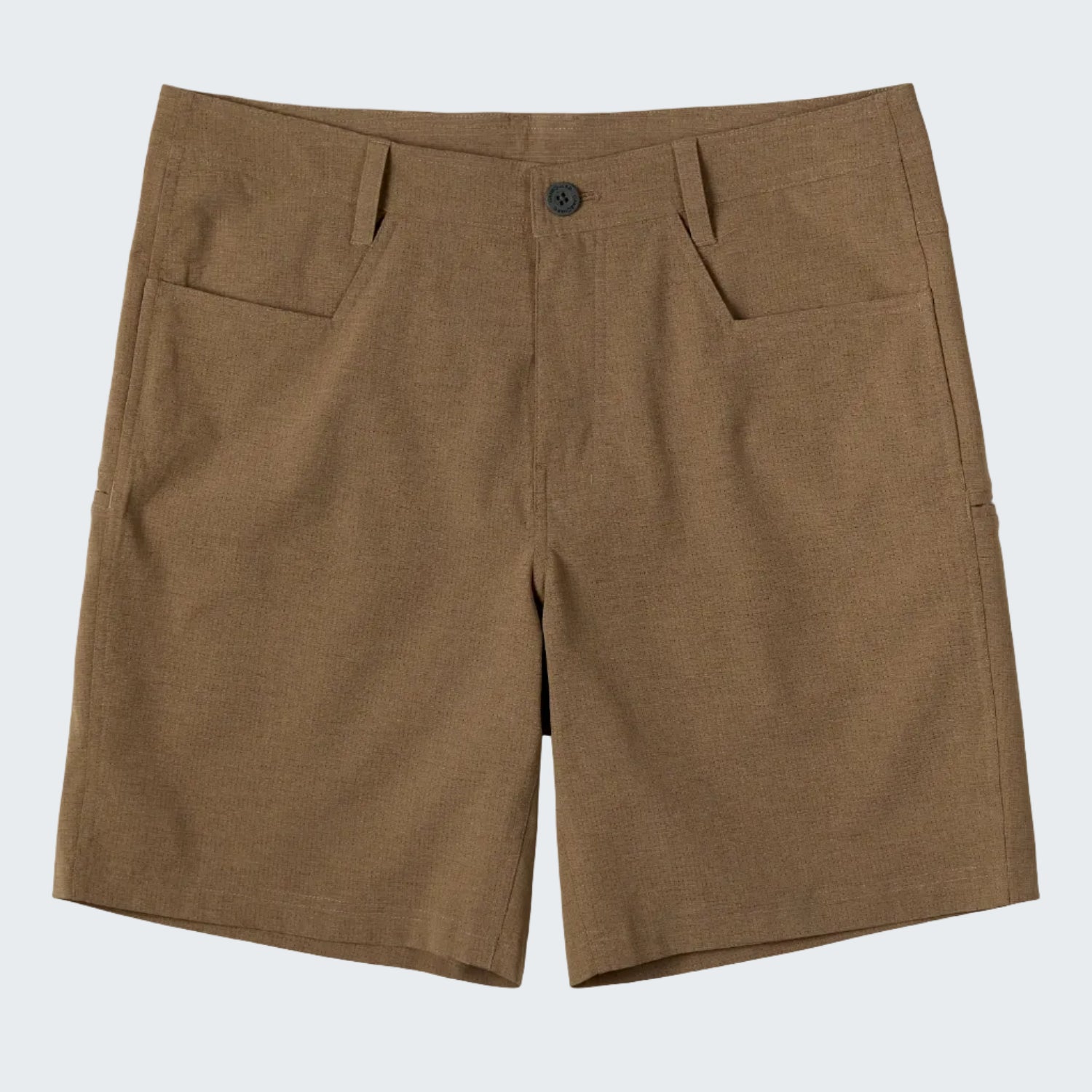 A pair of brown utility shorts with belt loops, a button closure, and side pockets, shown flat on a white background.