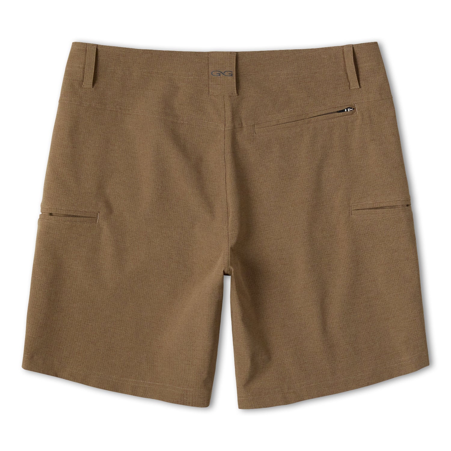 A pair of brown outdoor shorts with a zippered side pocket and belt loops, shown from the back on a white background.