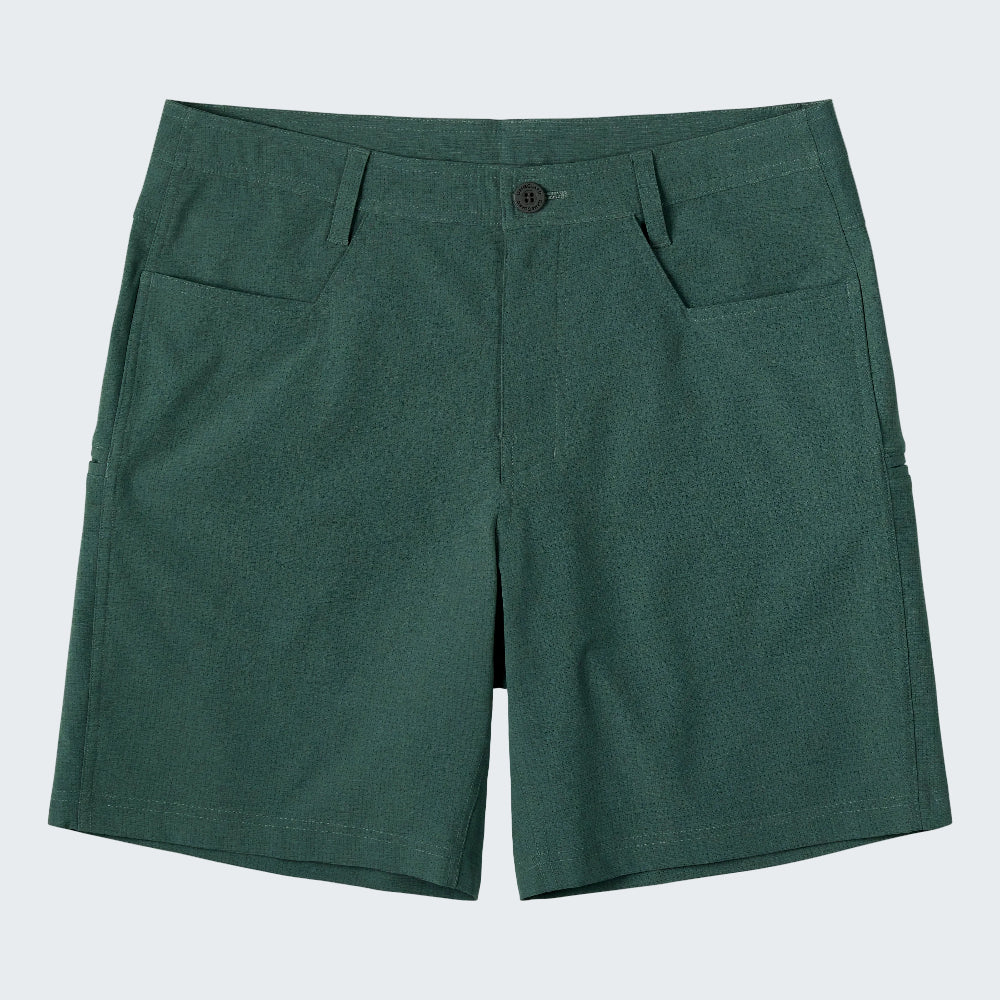 A pair of dark green utility shorts with a button closure, belt loops, and side pockets, shown flat against a white background.