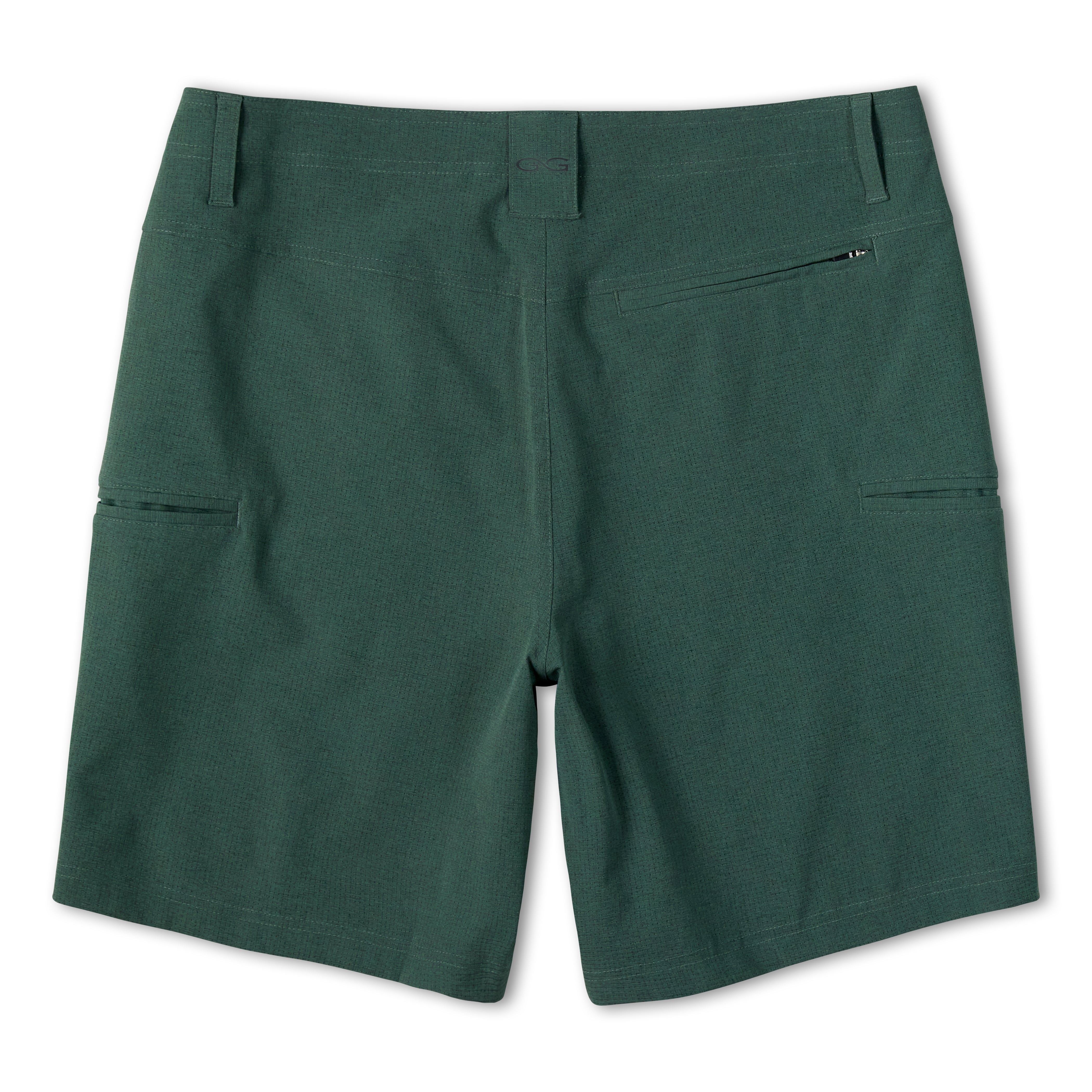 A pair of dark green athletic shorts with side cargo pockets and a zippered pocket on the right side, shown from the back against a white background.