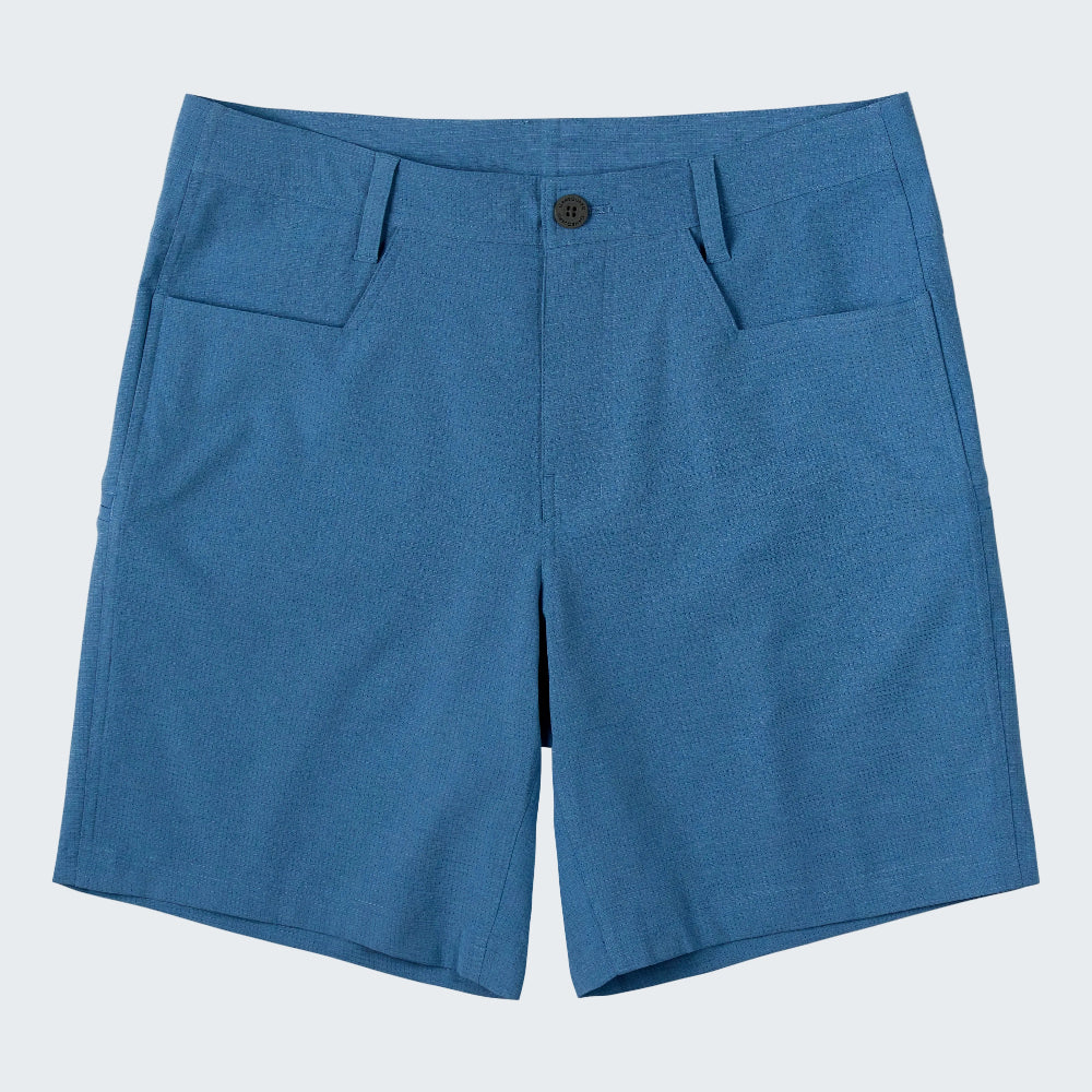 A pair of men's blue shorts with a button closure, belt loops, and side pockets, shown flat against a white background.