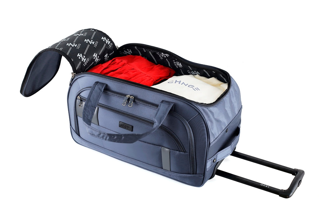 Blue duffel bag with open top showing red and white clothes on a white background