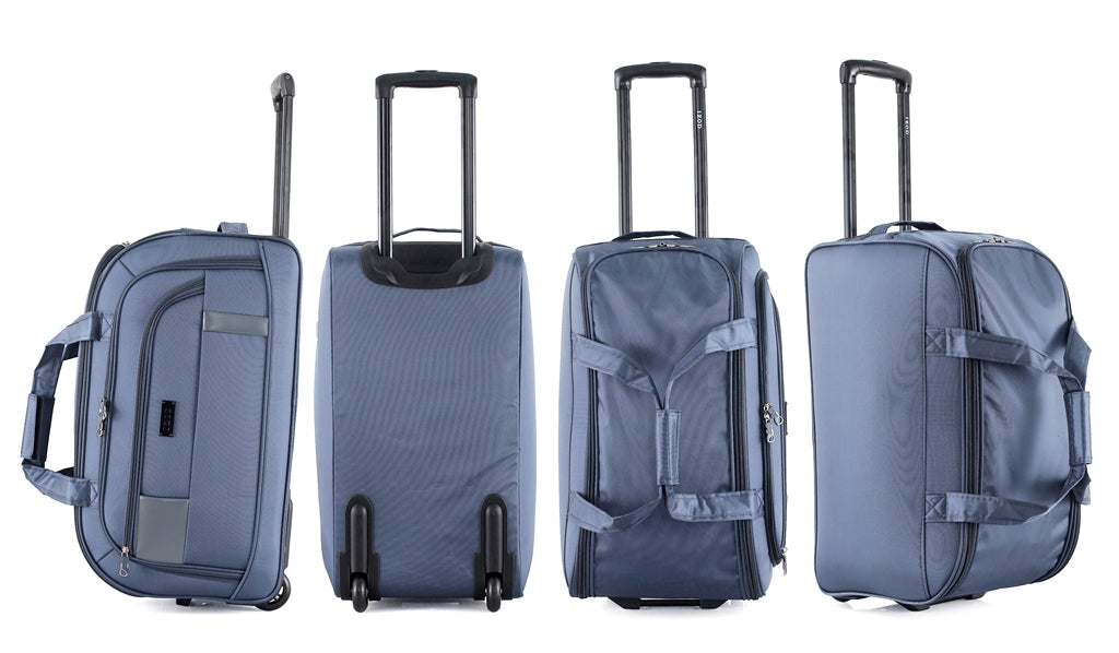 Four views of a blue suitcase on a white background