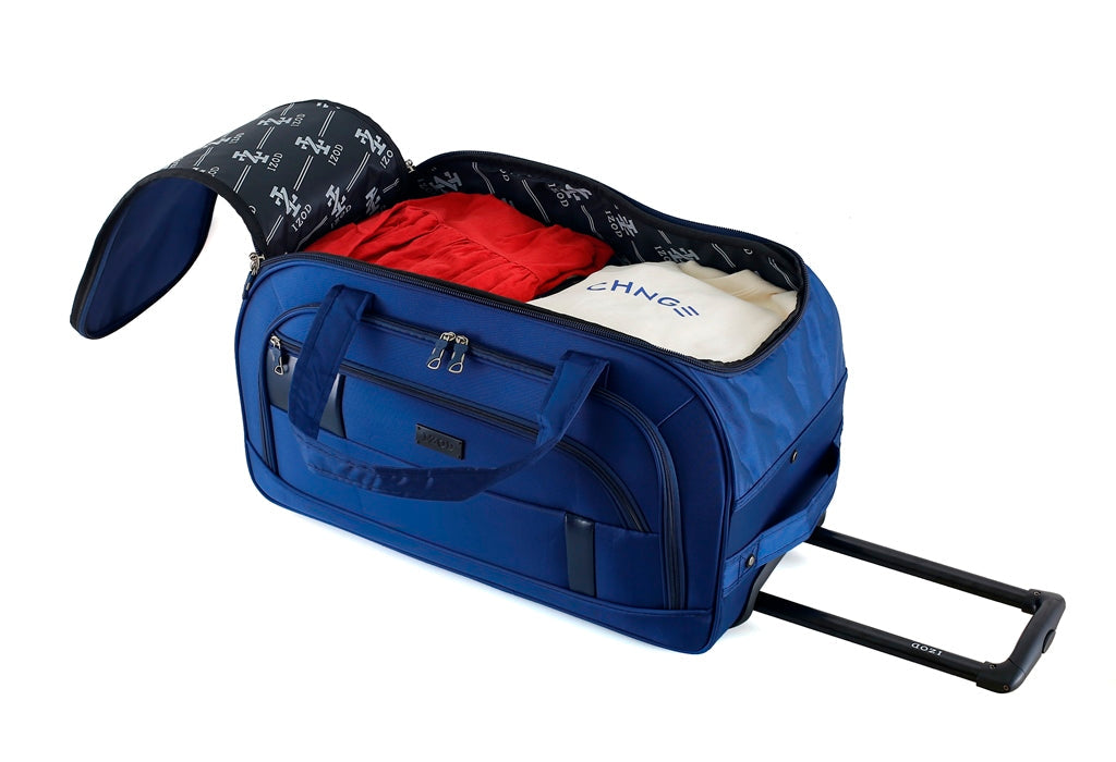 Blue duffel bag with a partially open top showing red and white interior lining on a white background