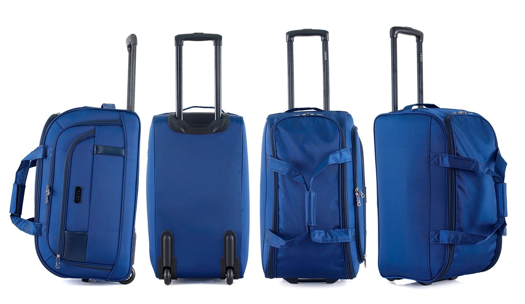 Four blue suitcases with wheels shown from different angles on a white background