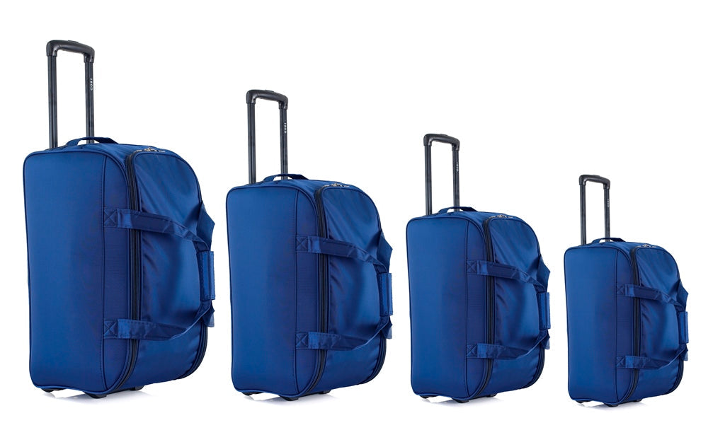 Four blue suitcases of different sizes on a white background