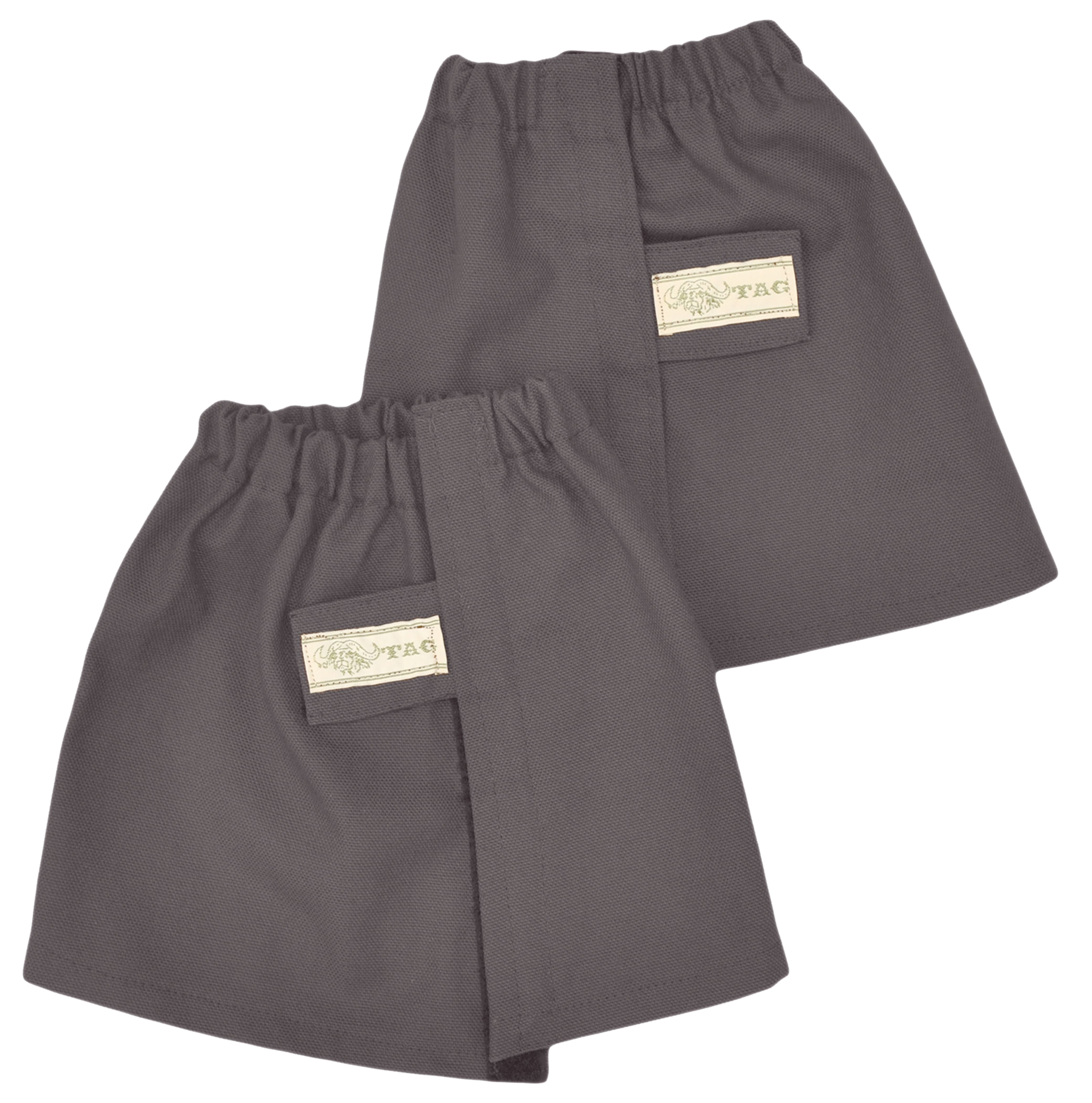 Pair of gray aprons with a brand label on a white background