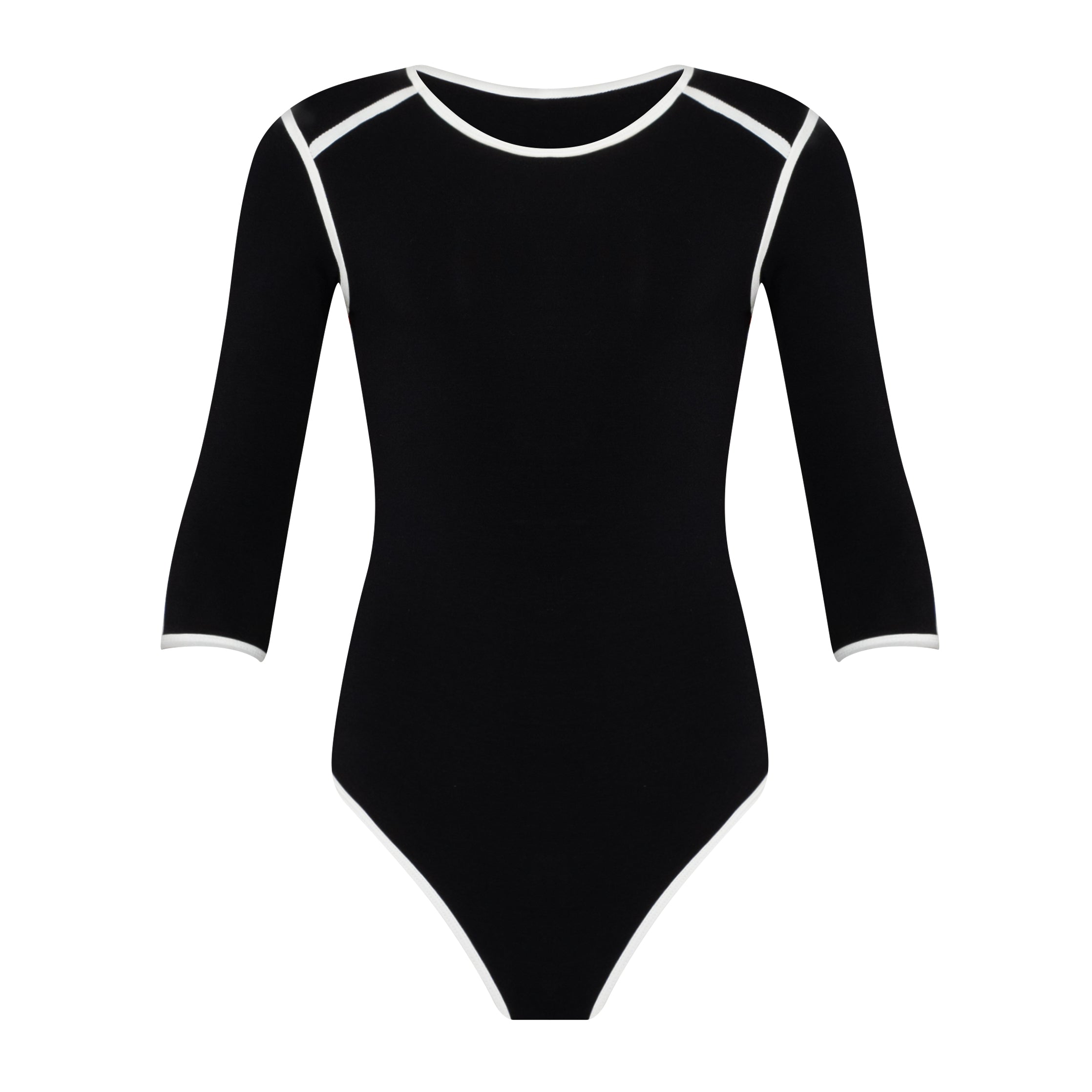 Black leotard with white trim on a white background