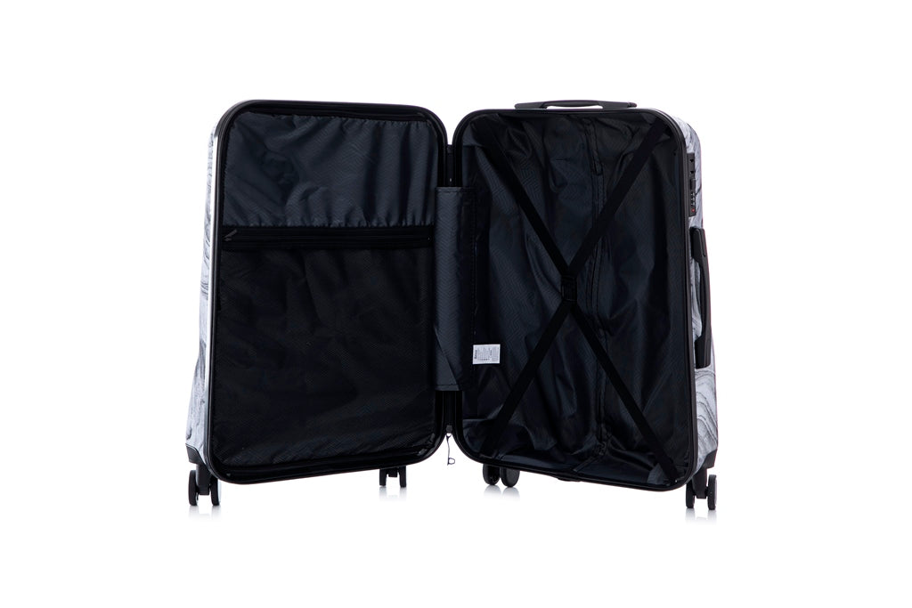Open black suitcase on a white background