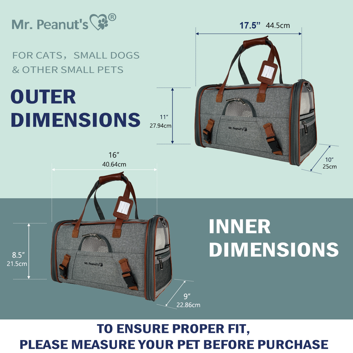 Pet carrier with dimensions labeled for cats, small dogs, and other small pets.