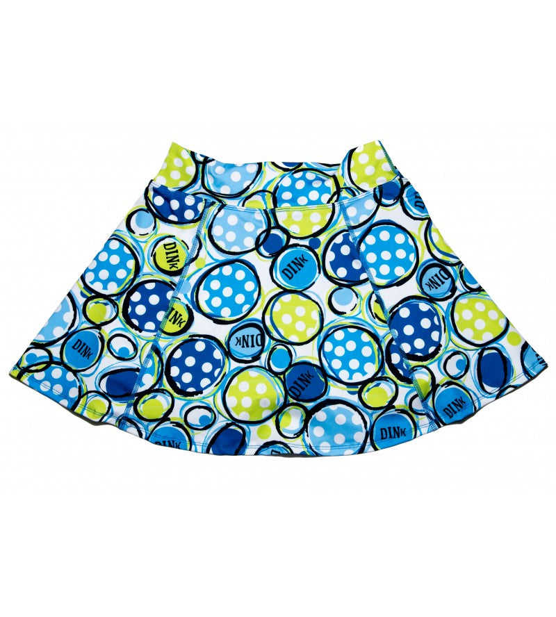 Skirt with blue and green bubble pattern on a white background