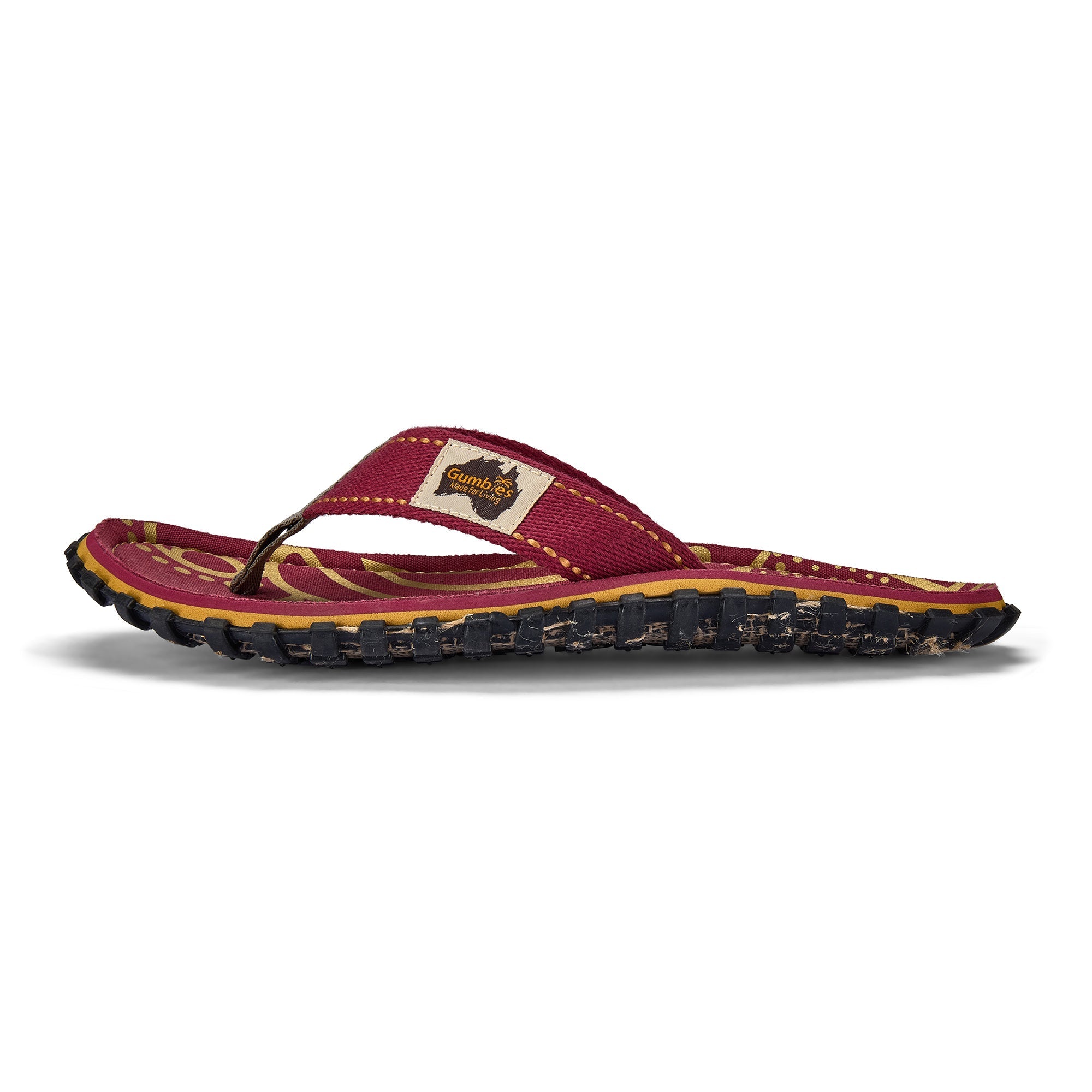 Maroon and yellow sandal with a logo on a white background