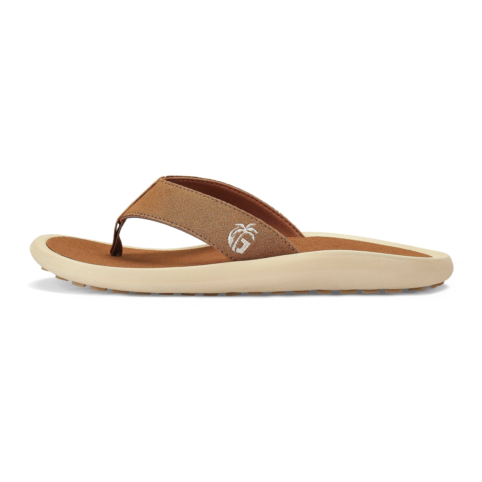 Brown sandal with a logo on a white background