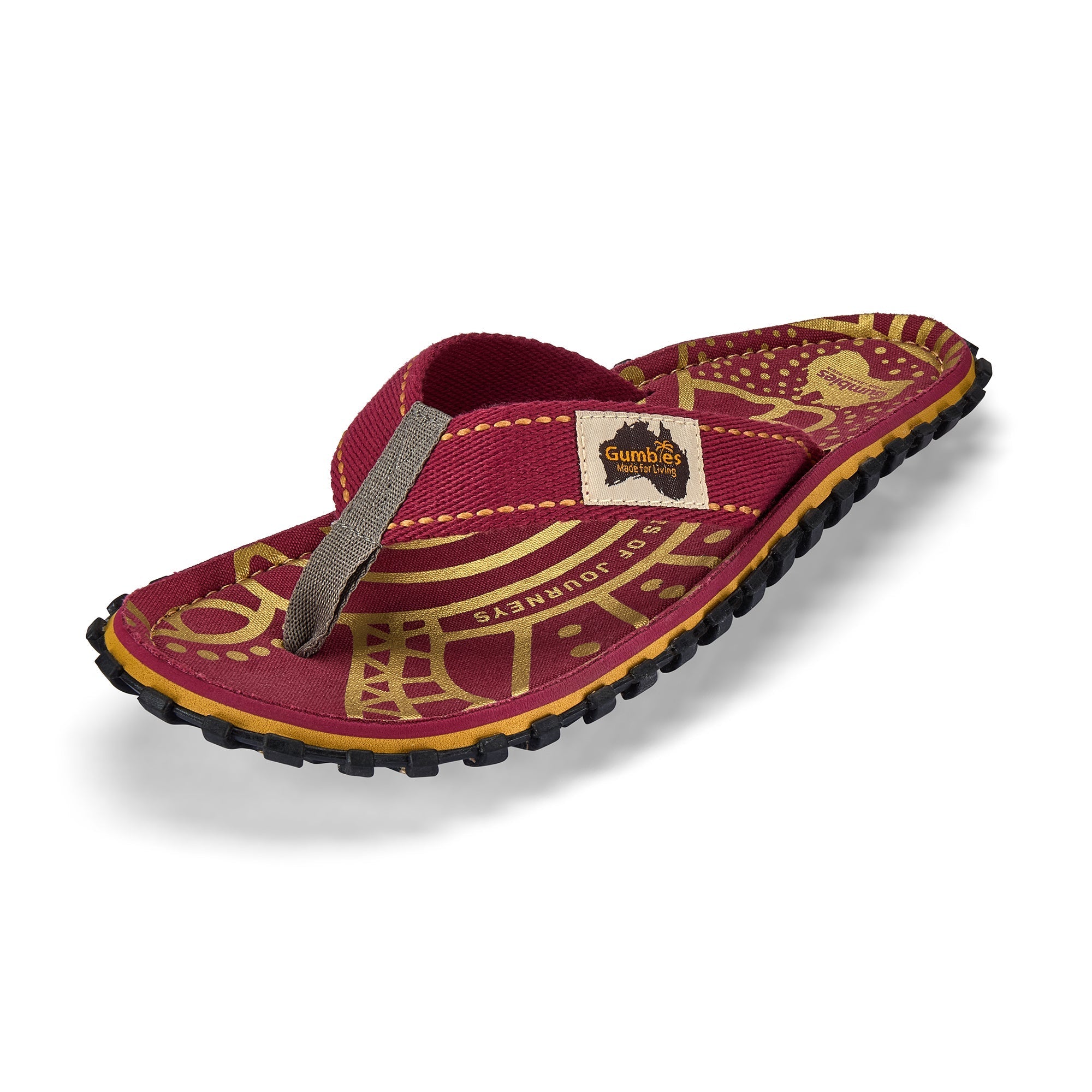 Red and gold sandal with brand logo on a white background