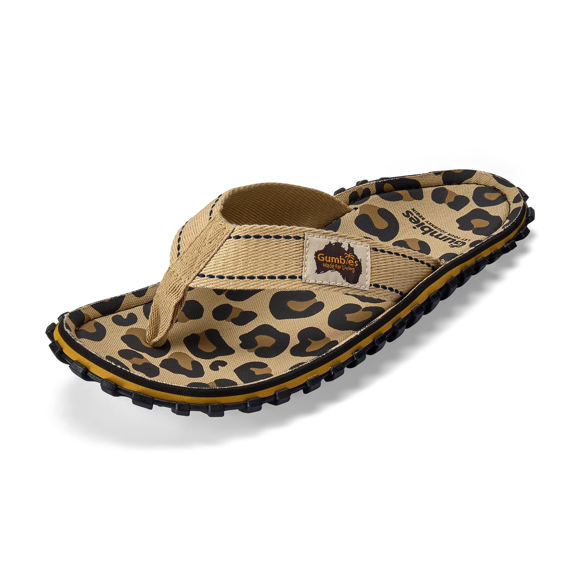Tan flip-flop with leopard print soles on a white background