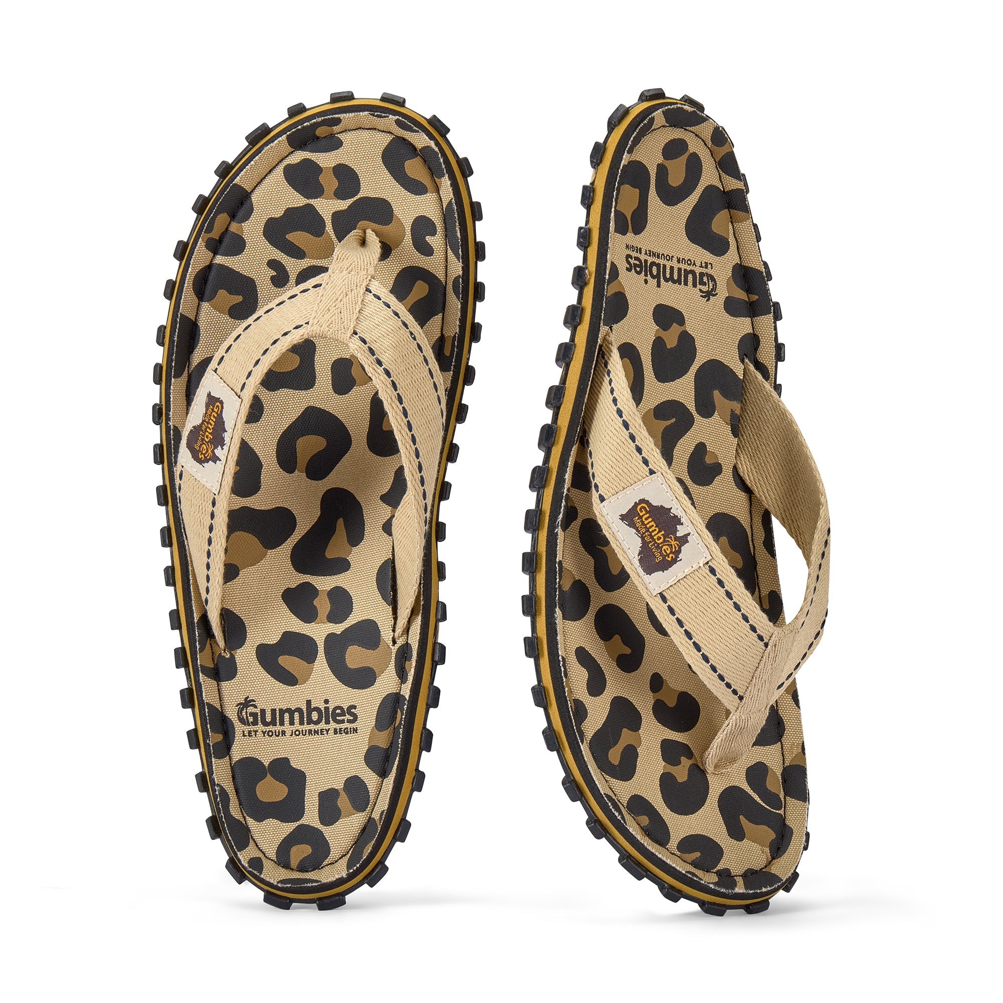 Leopard print flip-flops with 'Gumbies' branding on a white background