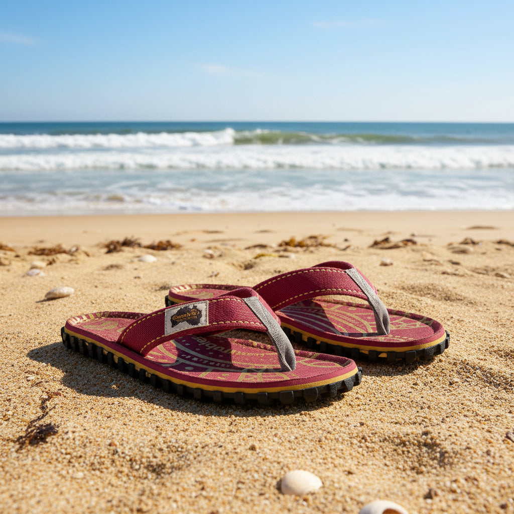 Red and gold flip-flops with 'Gumbies' branding on a white background