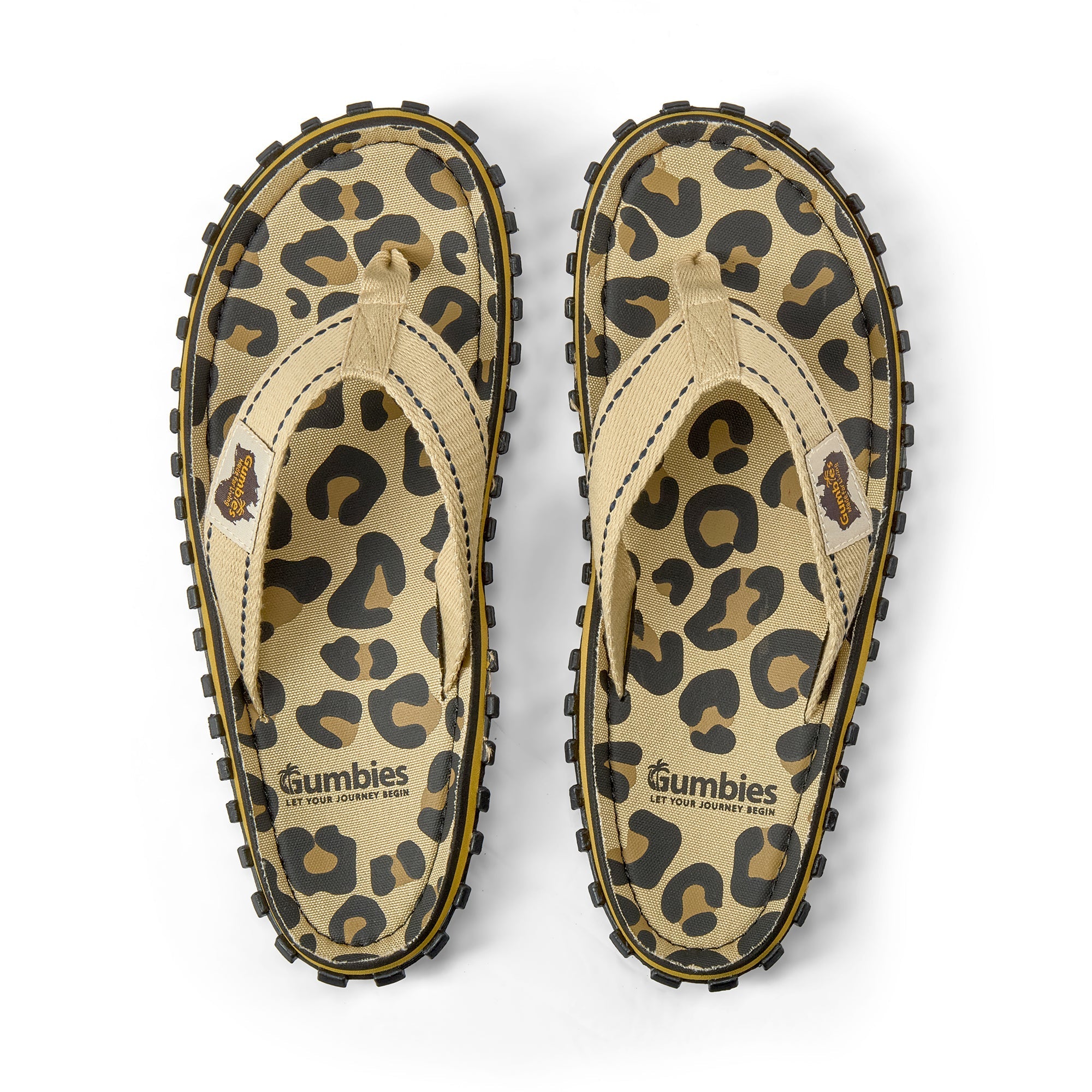 Pair of leopard print flip-flops with 'Gumbies' branding on a white background