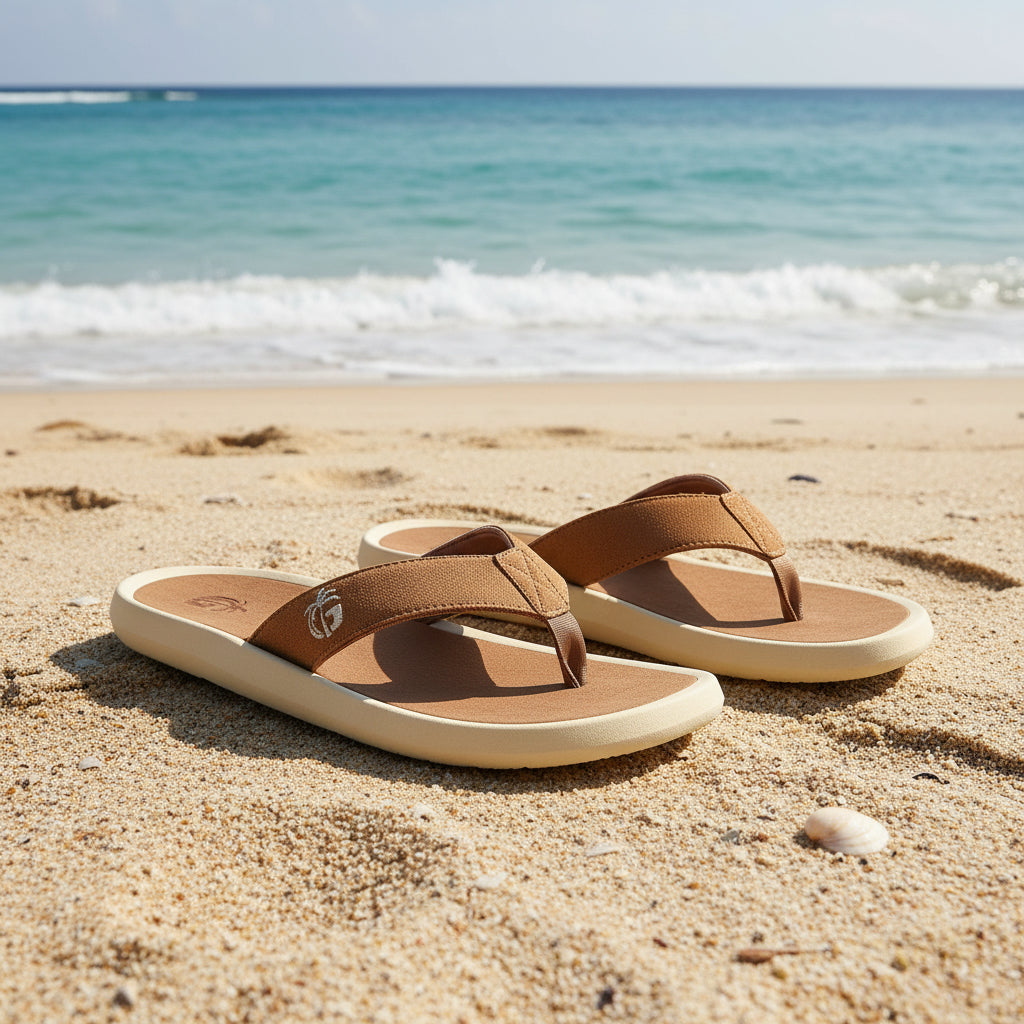 Pair of brown sandals with beige soles on a white background