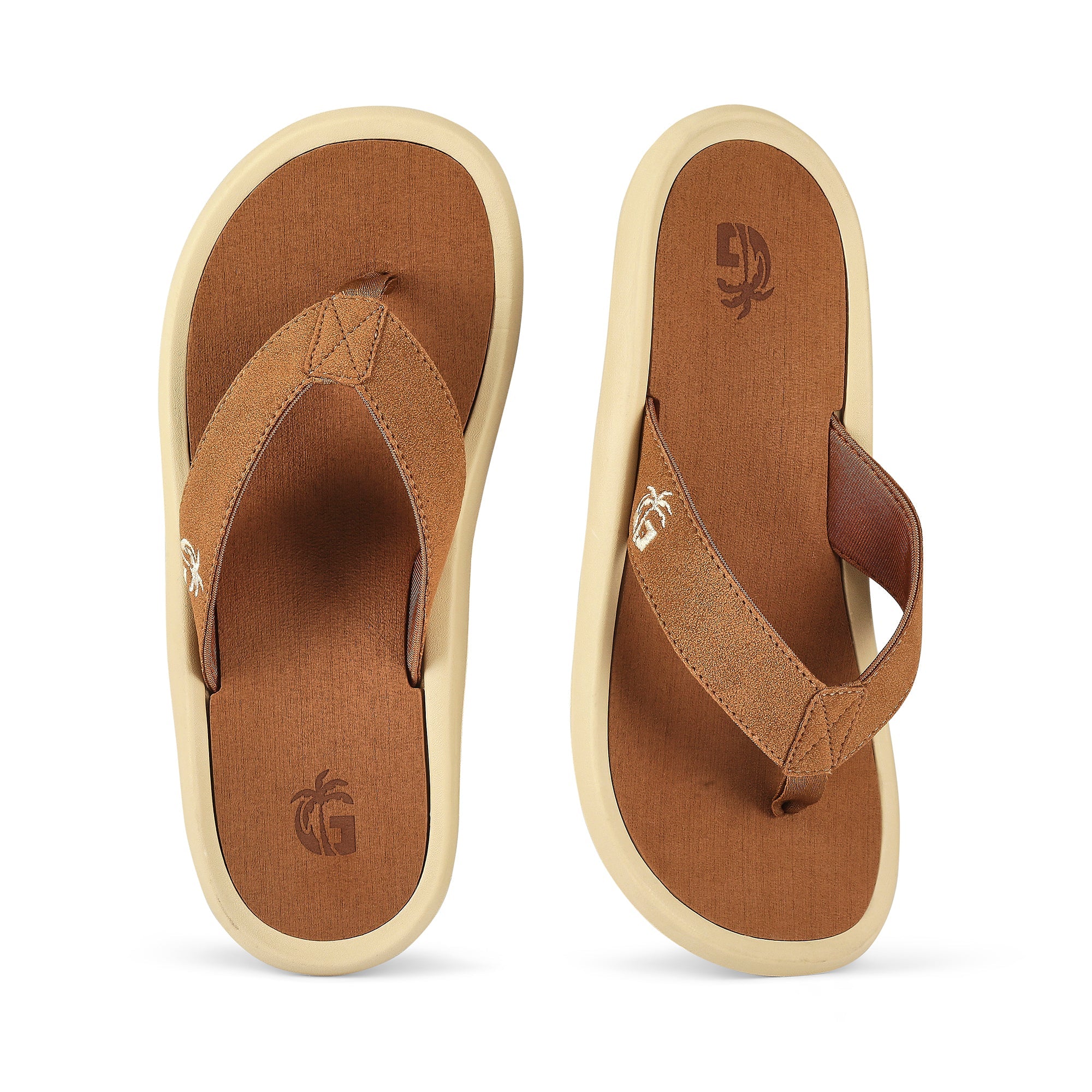 Pair of brown sandals with beige soles on a white background