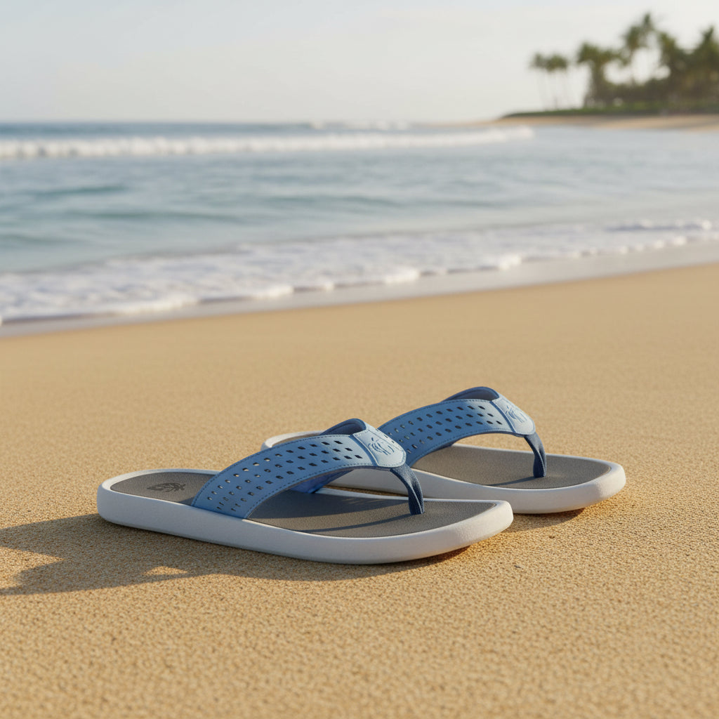 Pair of blue and gray sandals on a white background