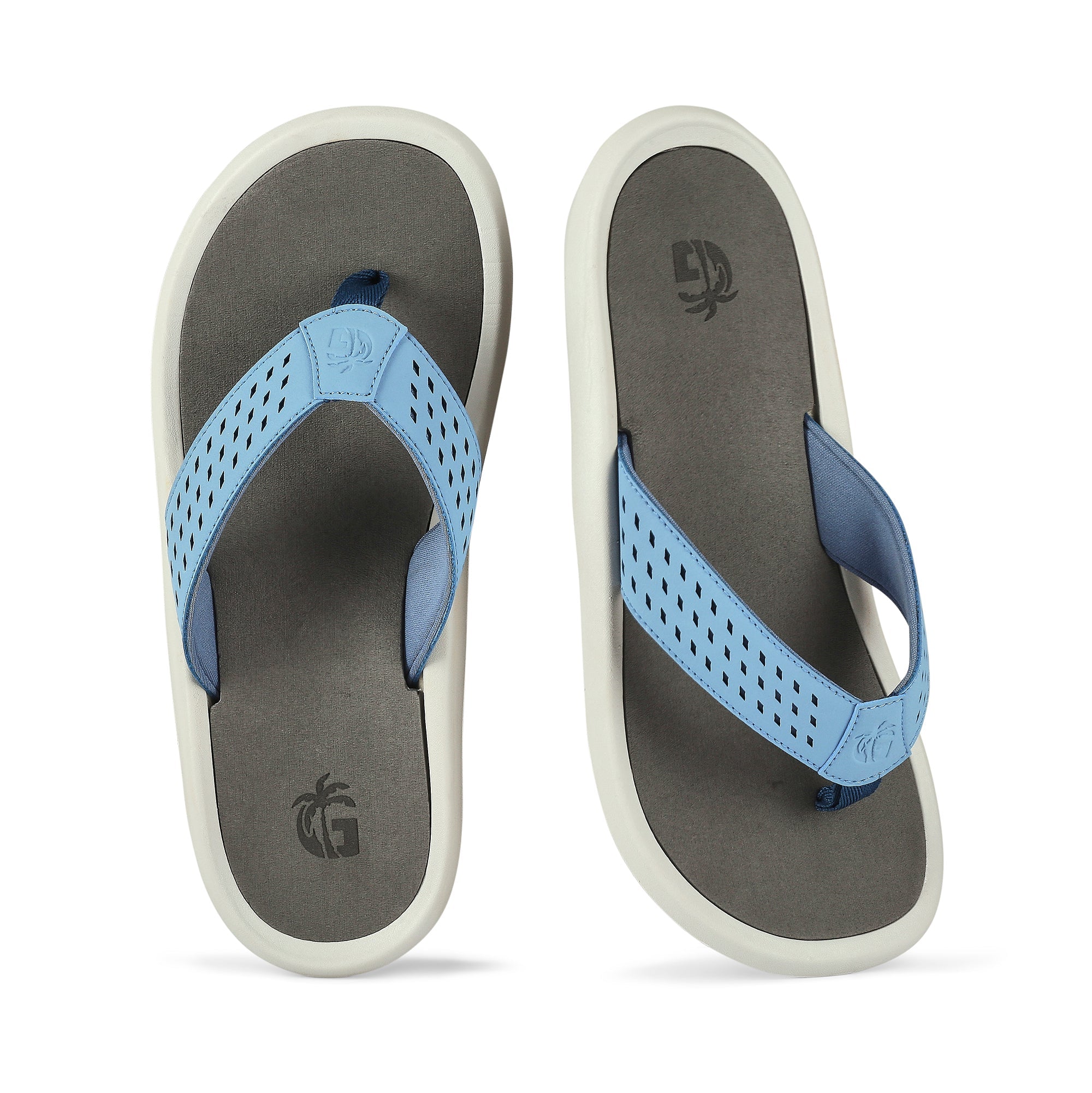 Pair of blue and gray sandals on a white background