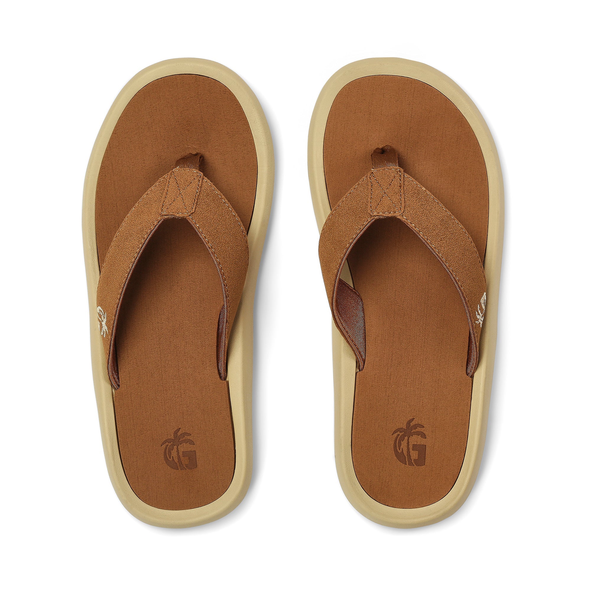 Pair of brown sandals with beige soles on a white background
