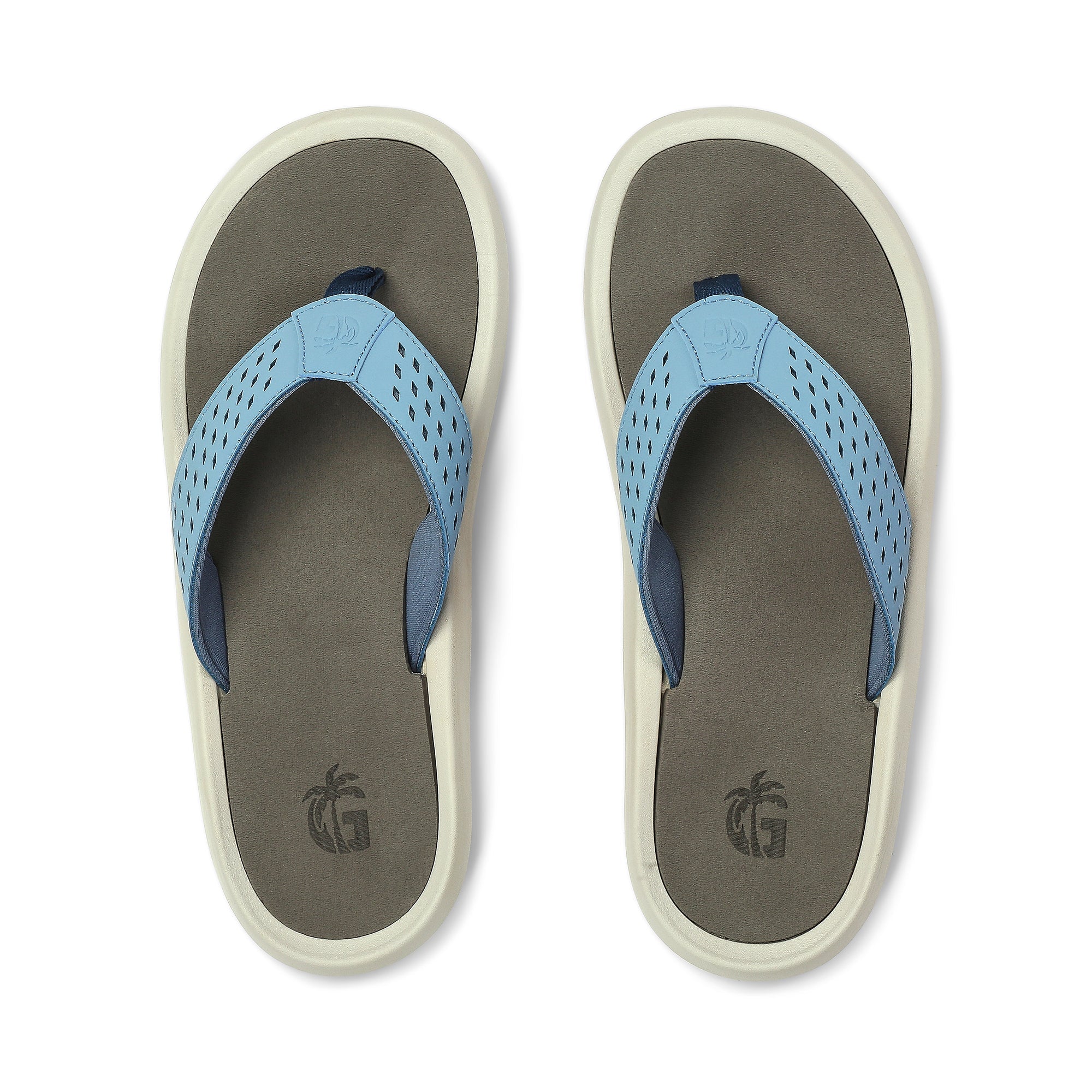 Pair of flip-flops with blue straps on a white background