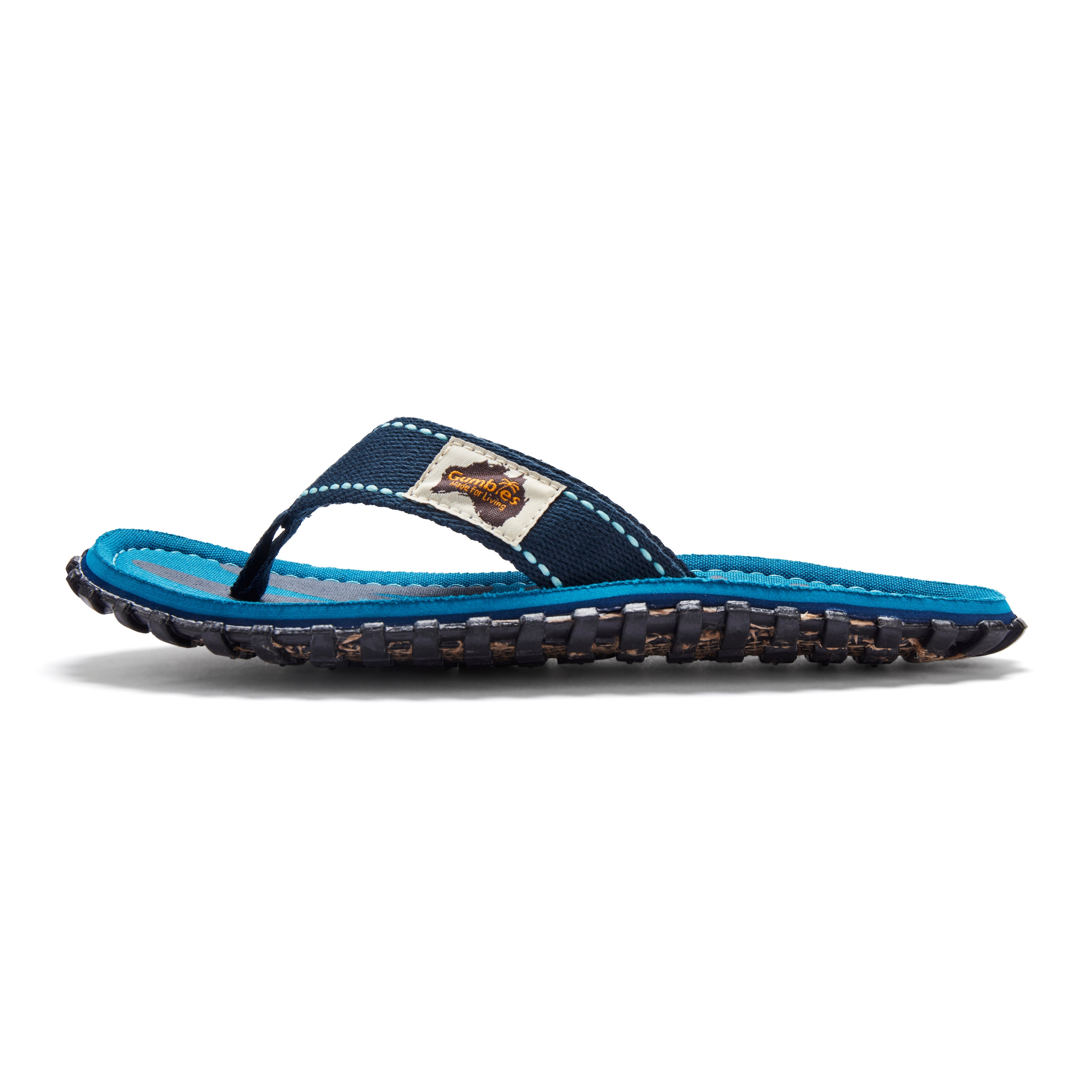Blue sandal with a brand logo on a white background