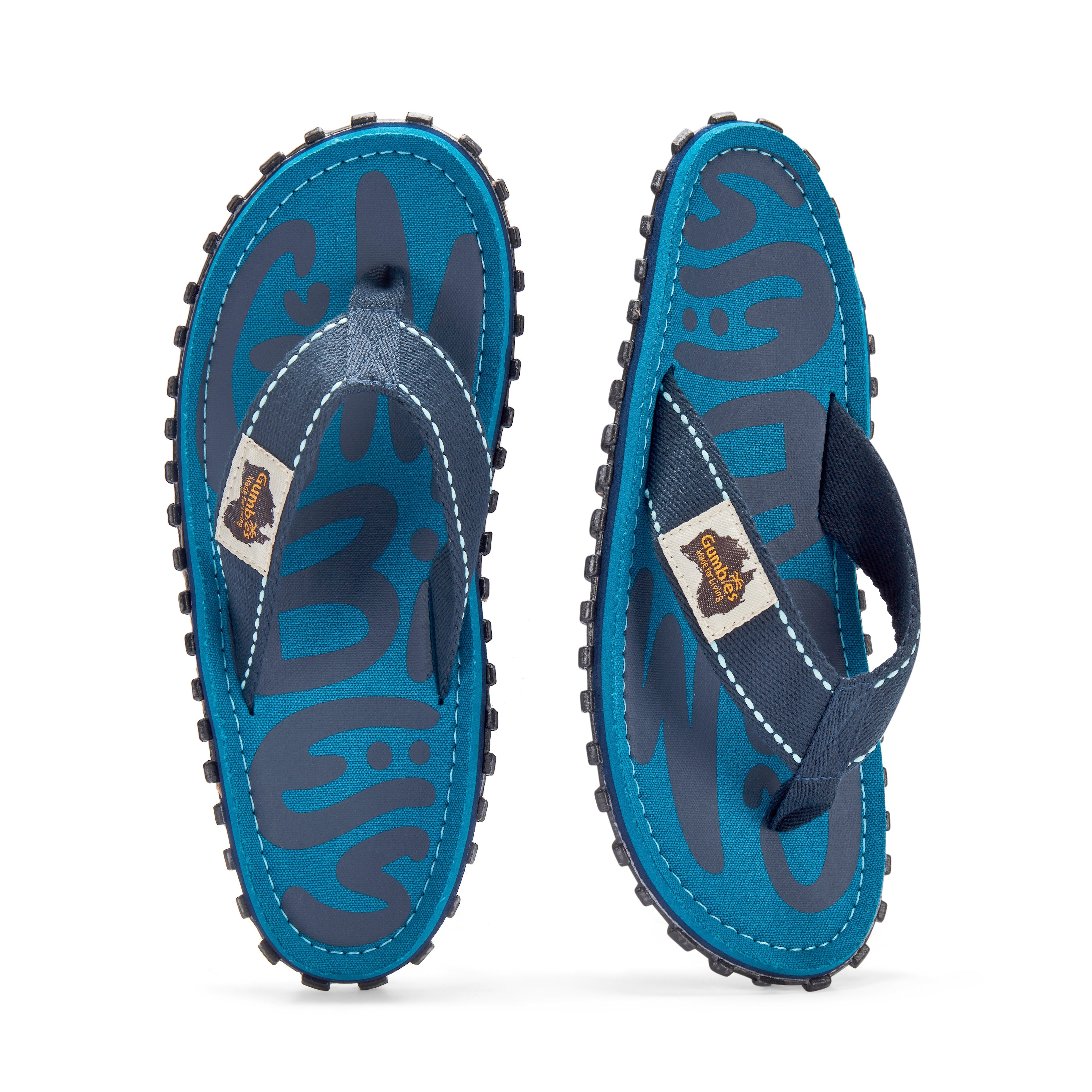 Pair of blue sandals with a brand logo on a white background