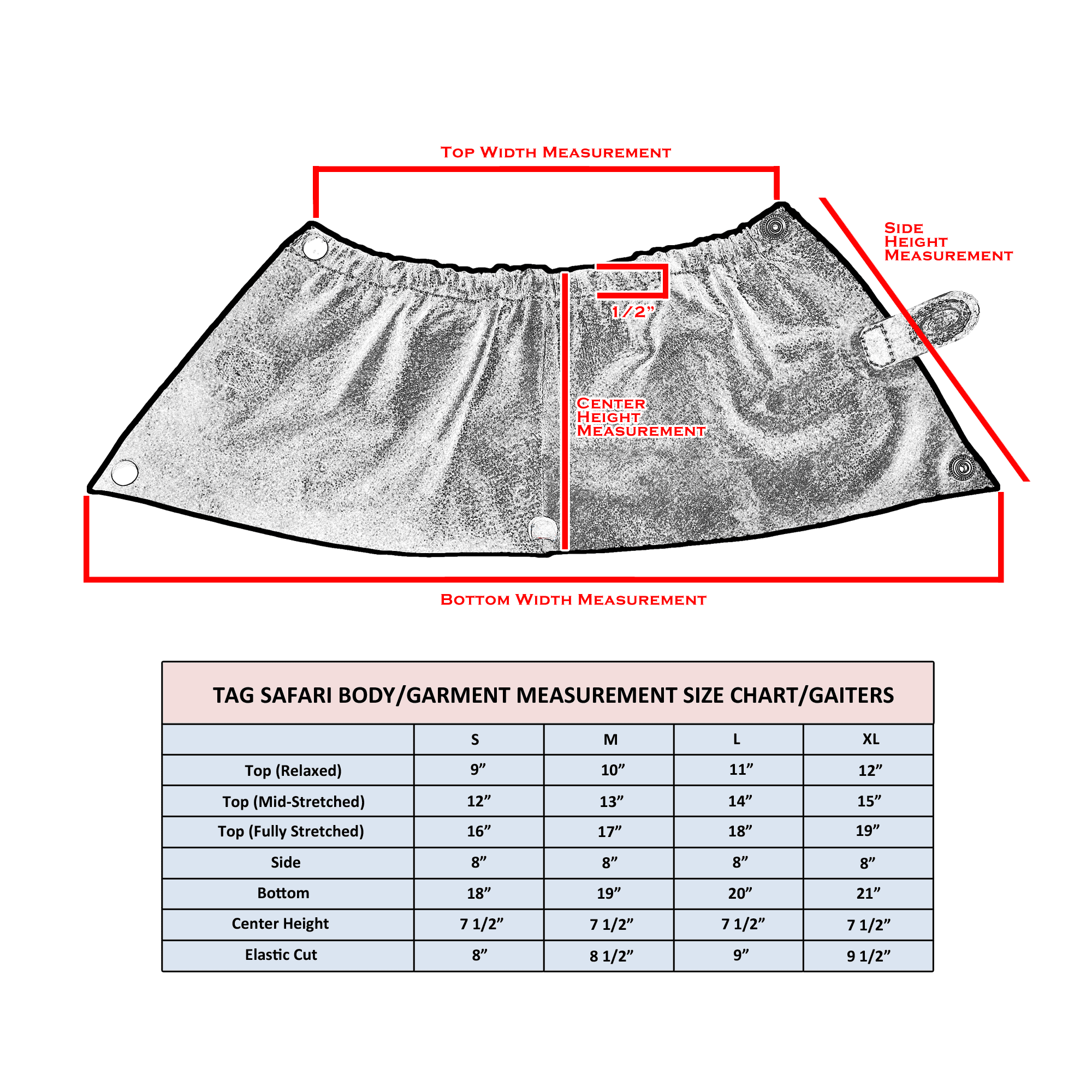 Measurement chart for safari body/garment gaiters with labeled parts and size chart.