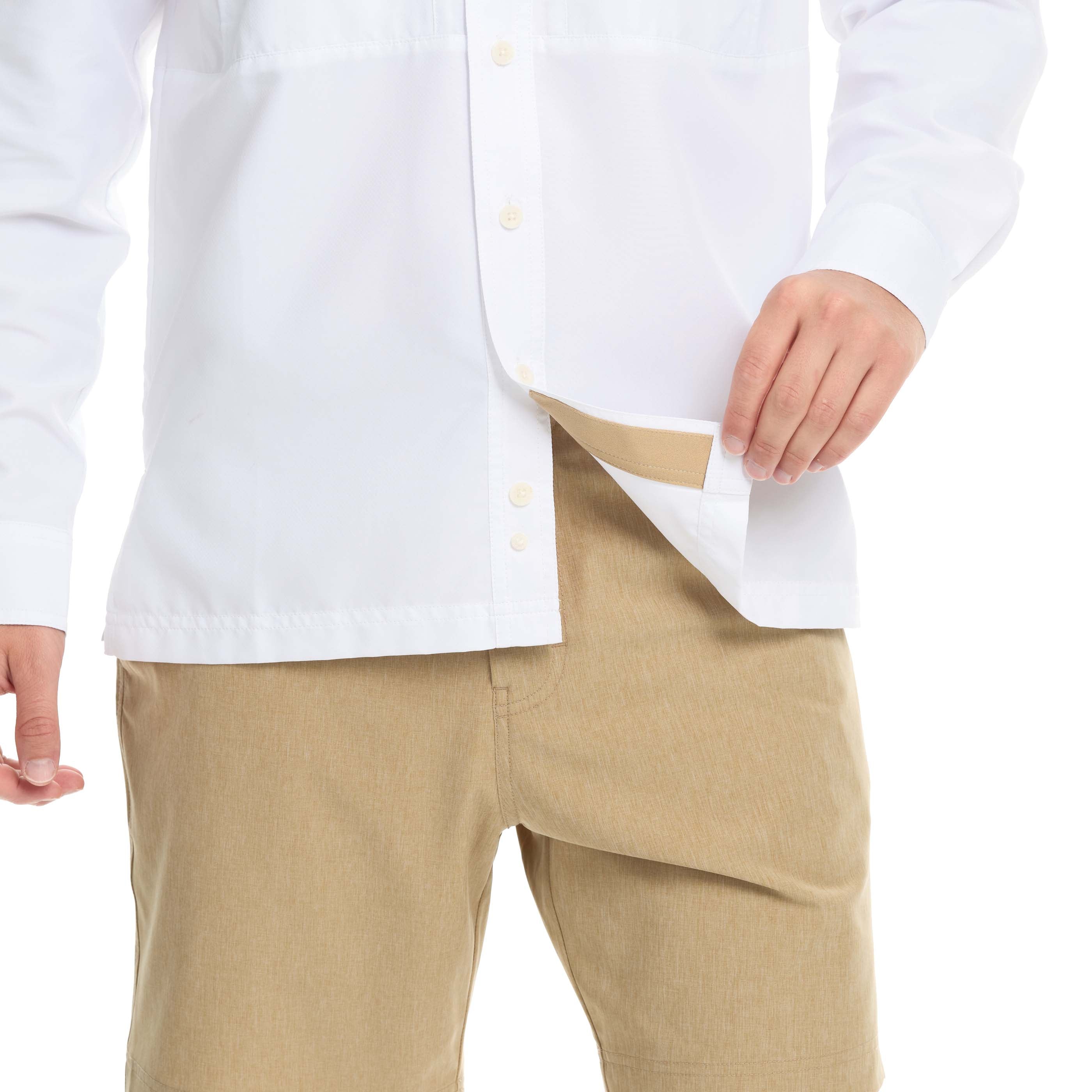 Person wearing a white shirt and beige pants on a white background