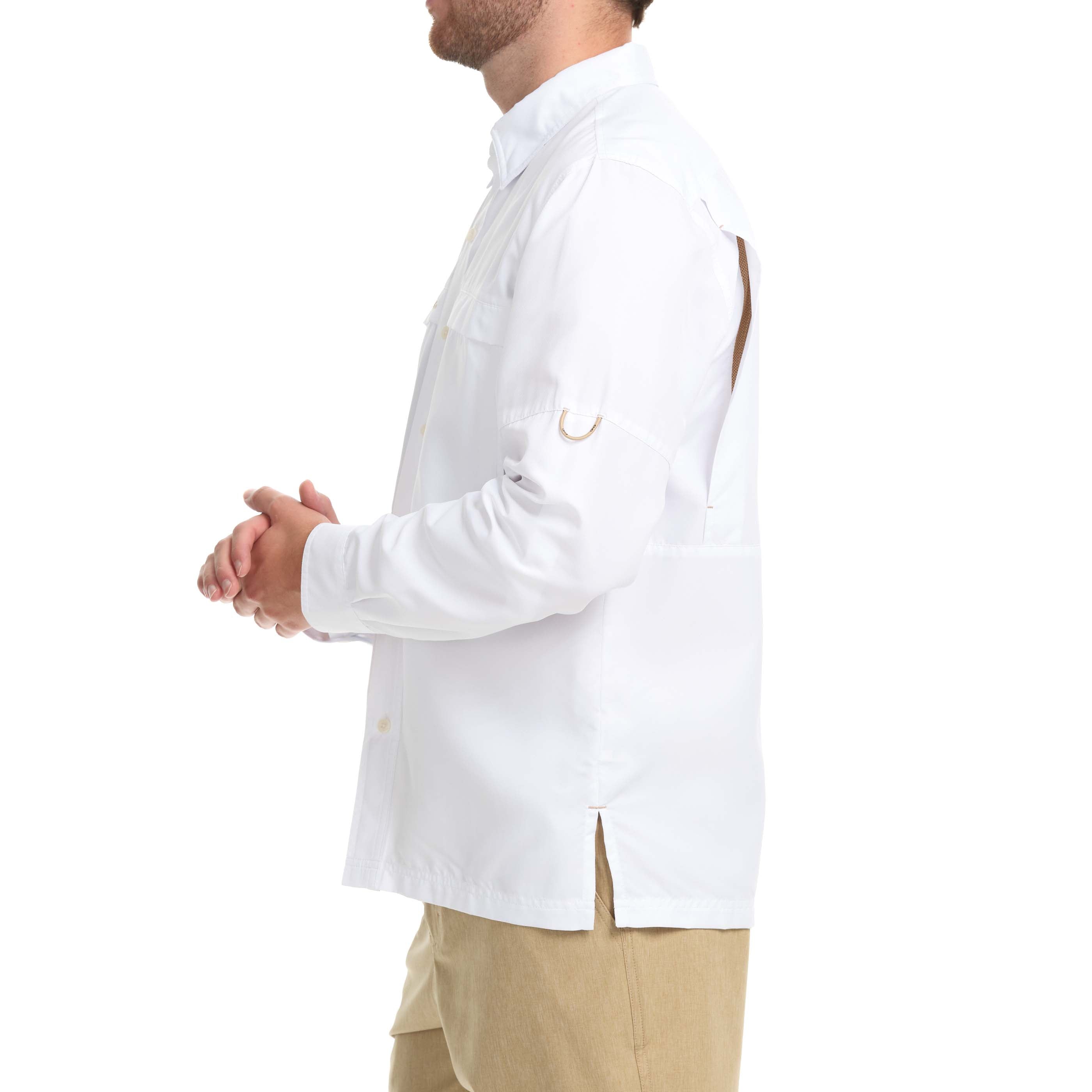 Person wearing a white shirt with a small logo on a white background