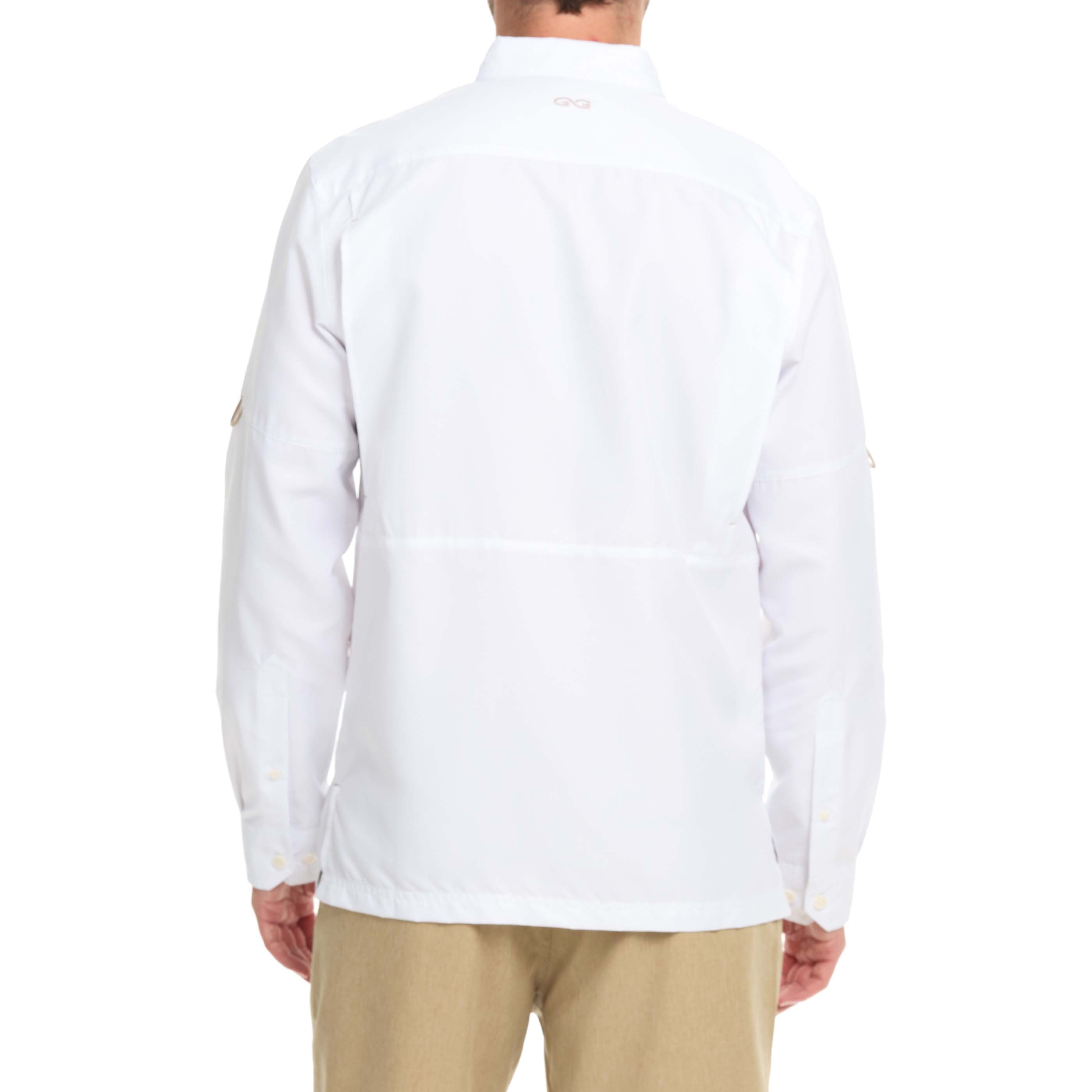 White long-sleeve shirt worn by a person on a white background