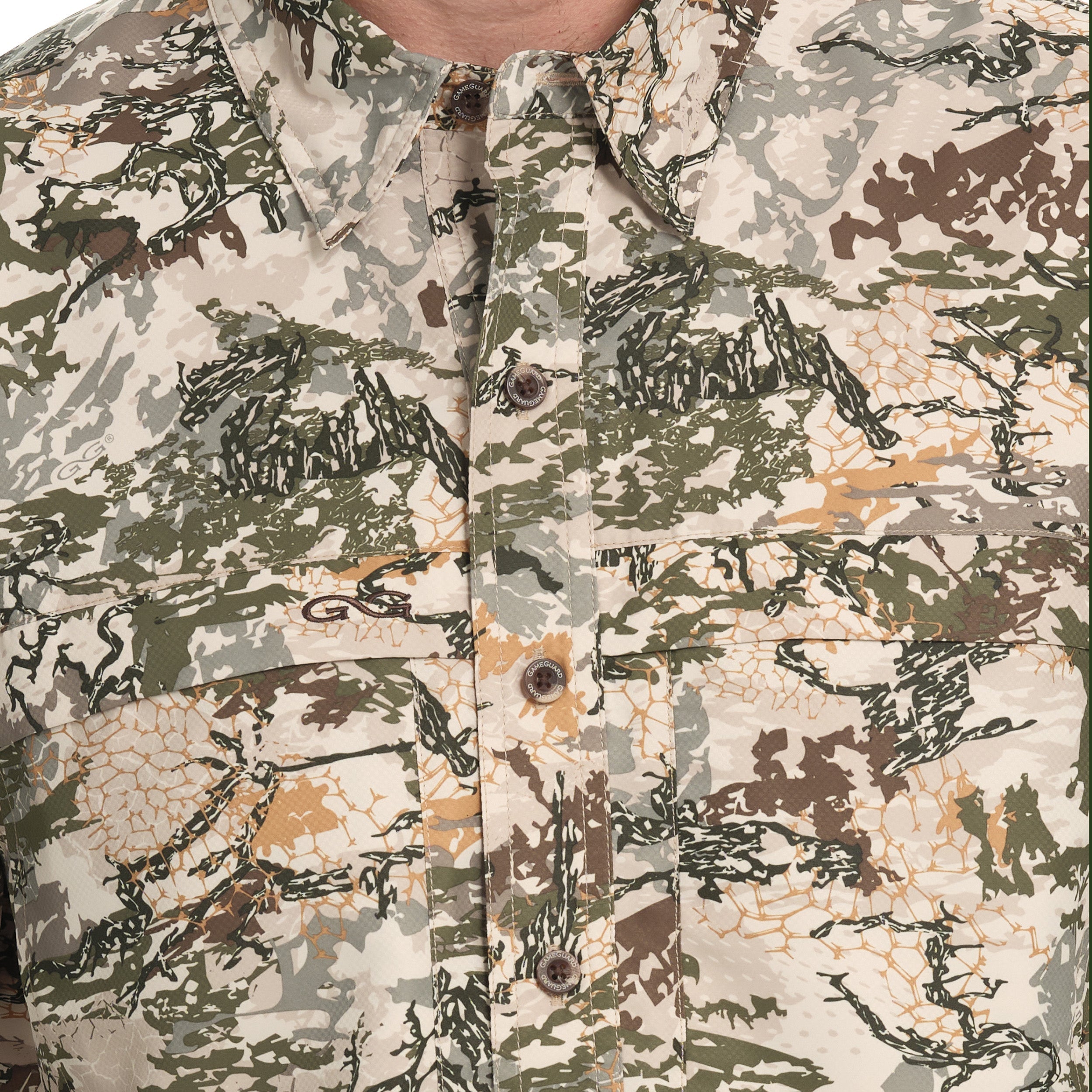 Close-up of a camouflage-patterned shirt with a focus on the texture and design.