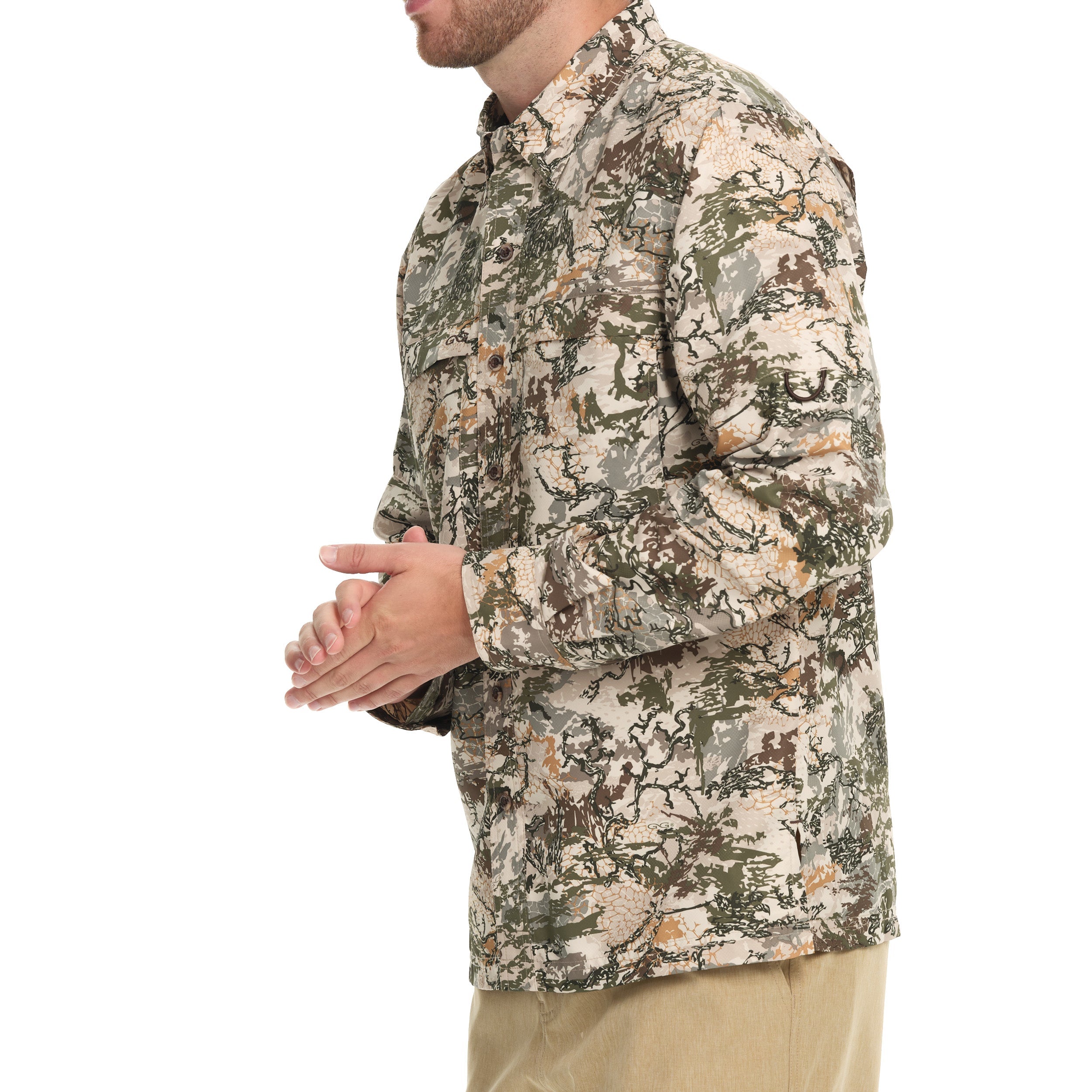 Person wearing a camouflage shirt on a white background