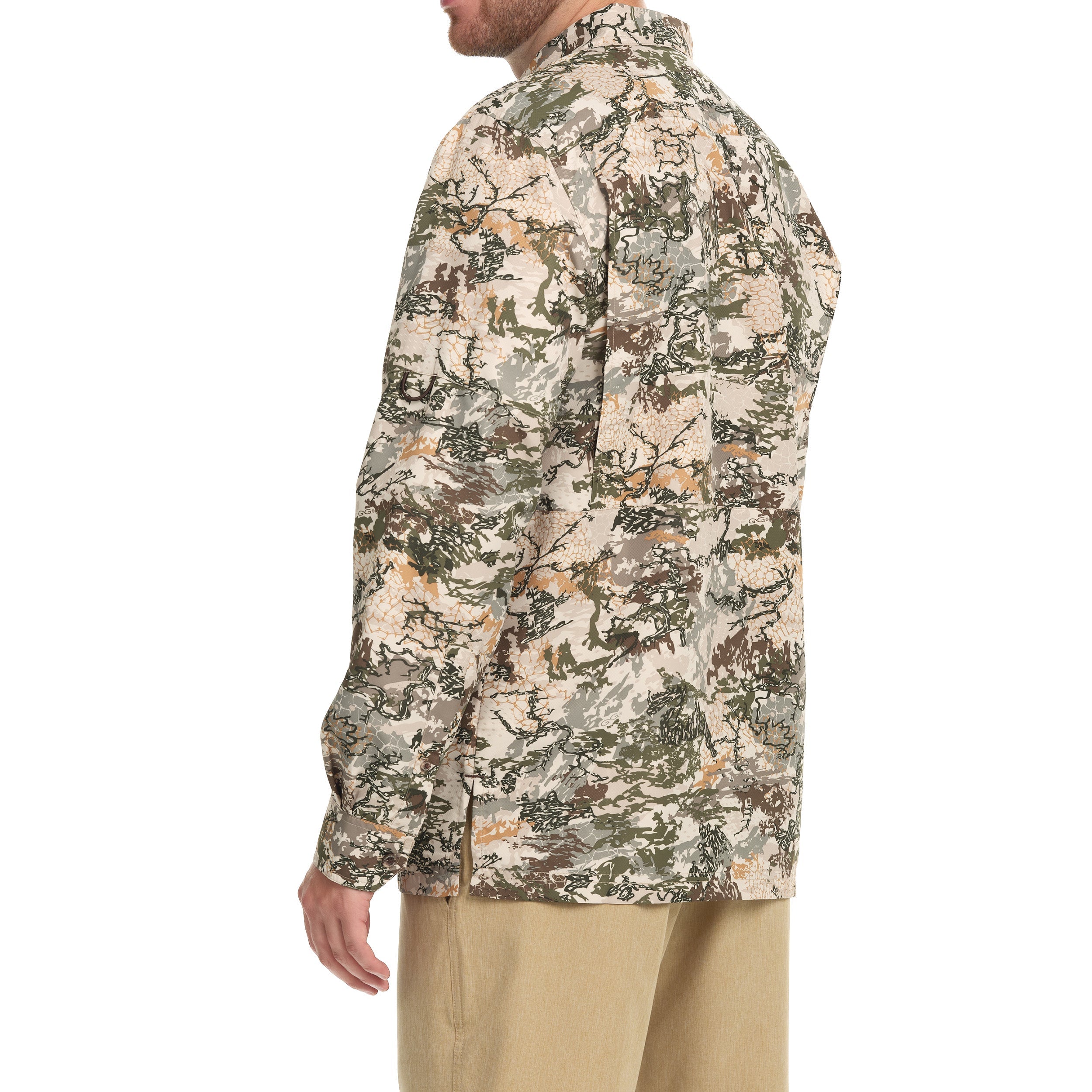 Camouflage shirt worn by a person on a white background