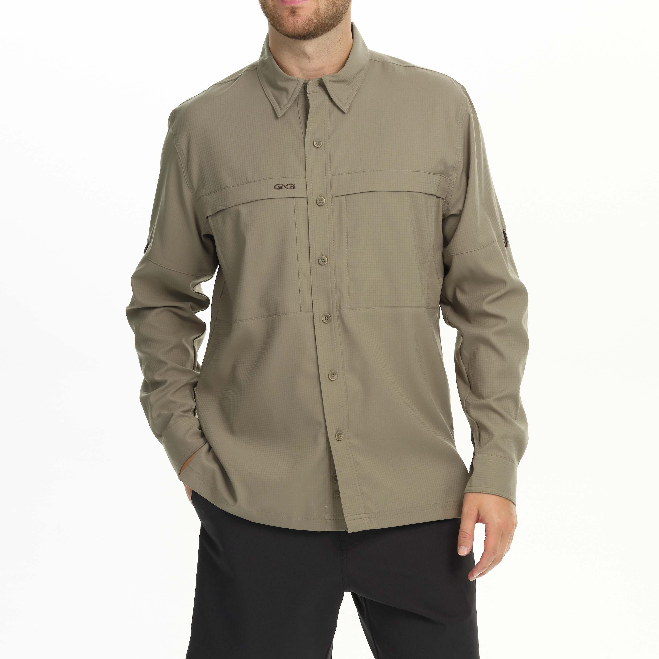 Khaki button-up shirt worn by a person on a white background