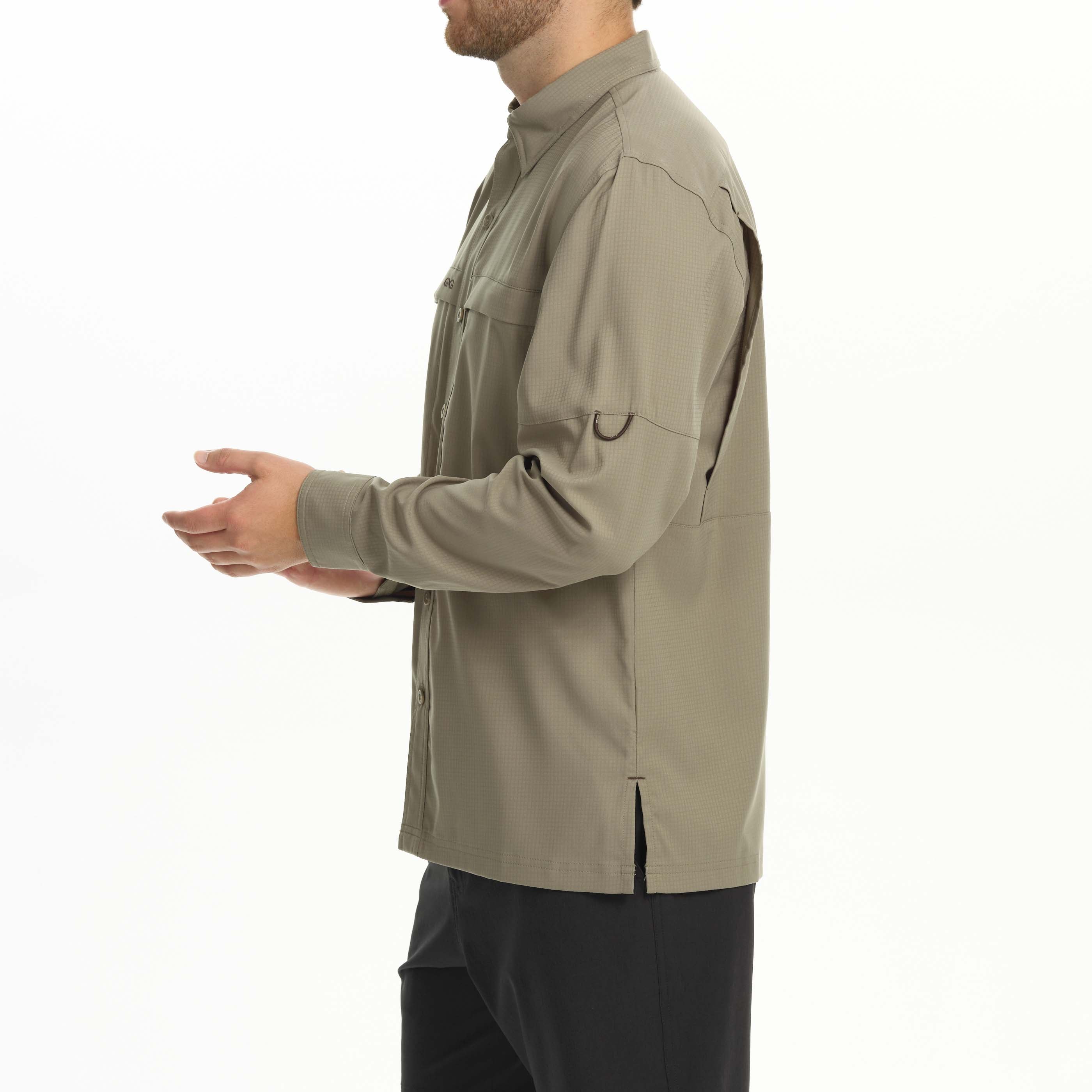 Man wearing a beige shirt on a white background