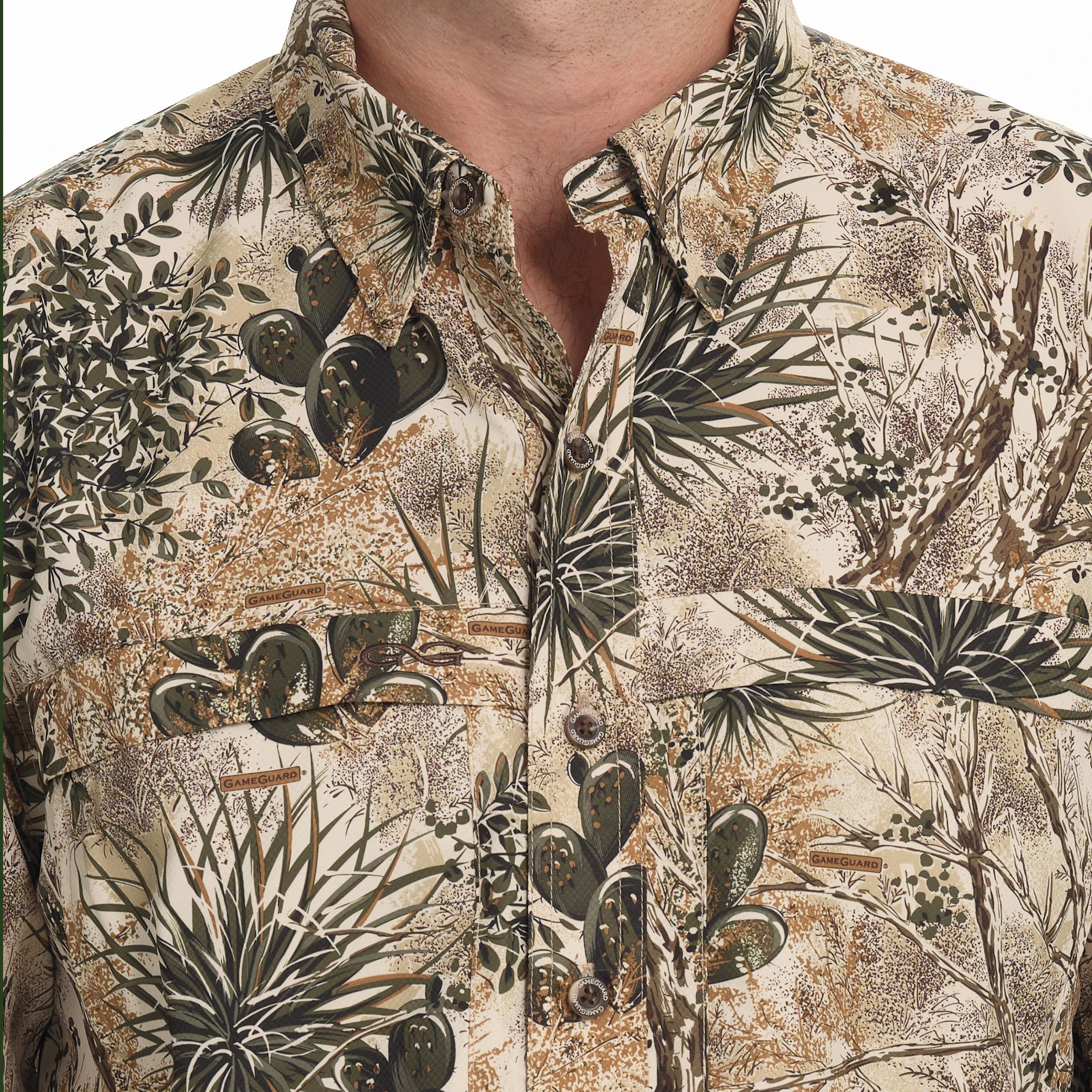 Close-up of a patterned shirt with nature-themed design