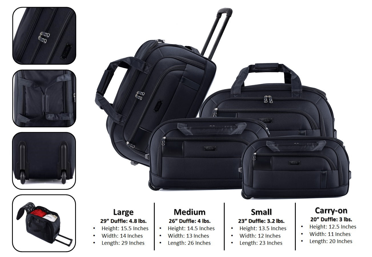 Set of black duffel bags with sizes and specifications displayed.